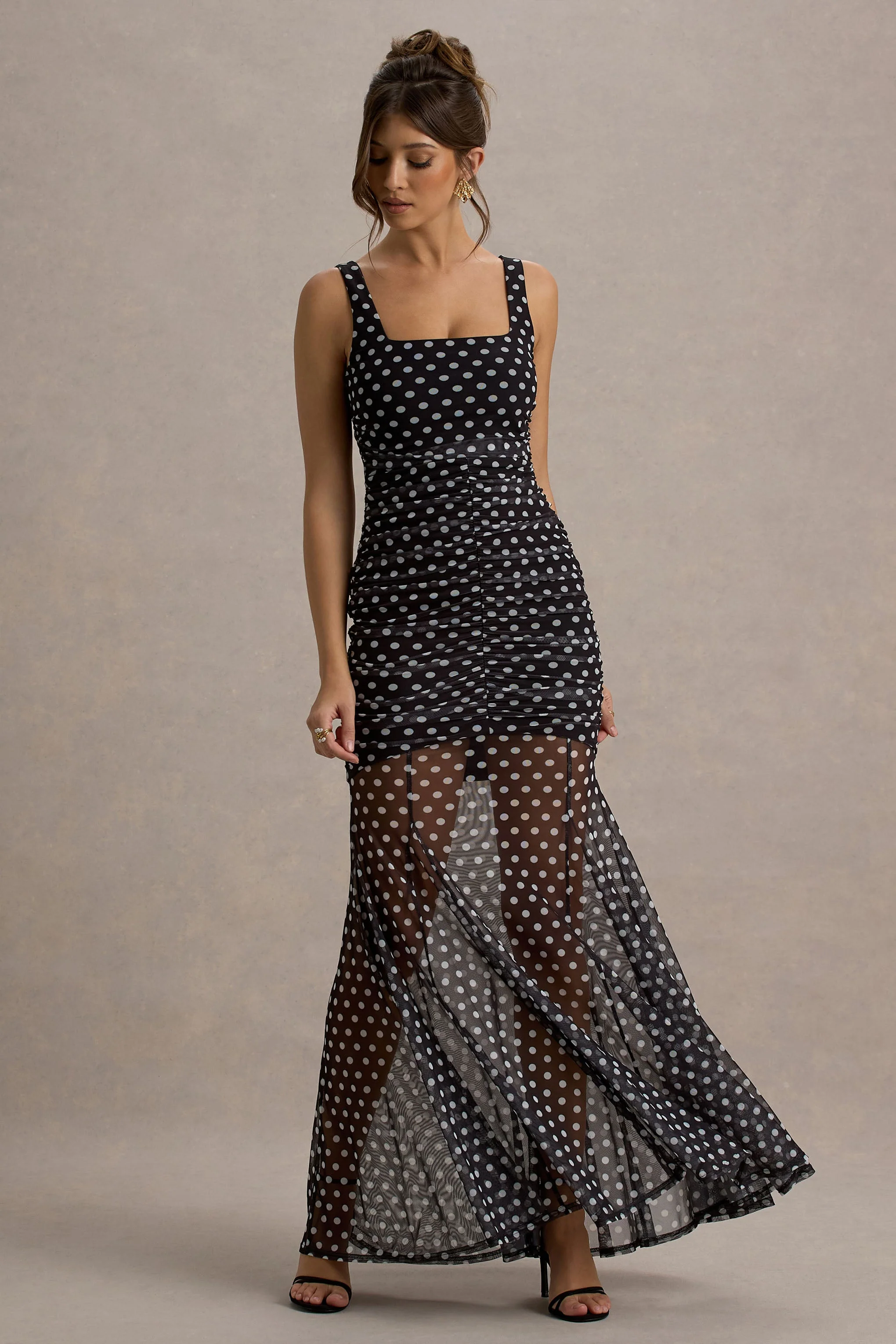 Galaxia | Black & White Polka Dot Maxi Dress With Mesh Skirt