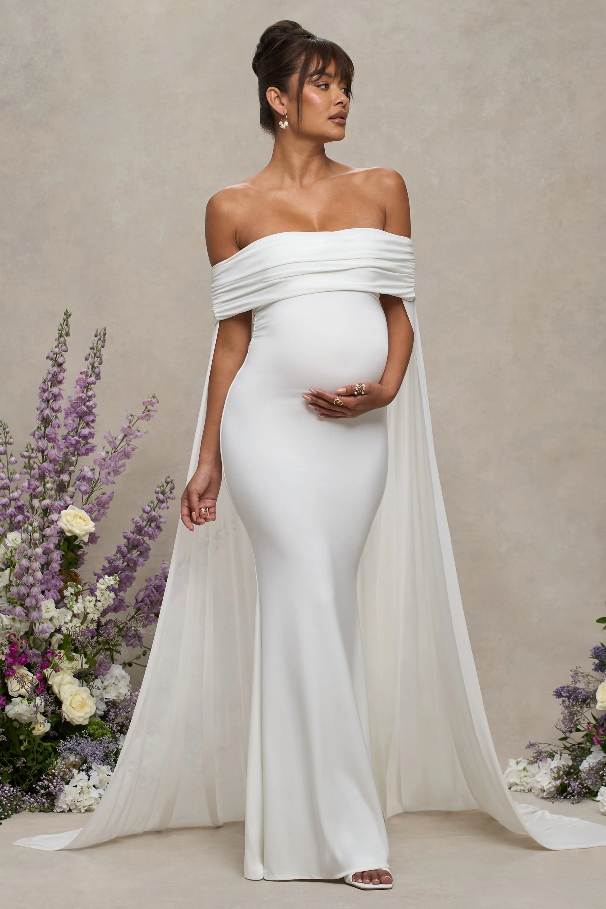 Carlotta | White Bardot Maternity Maxi Dress With Chiffon Cape