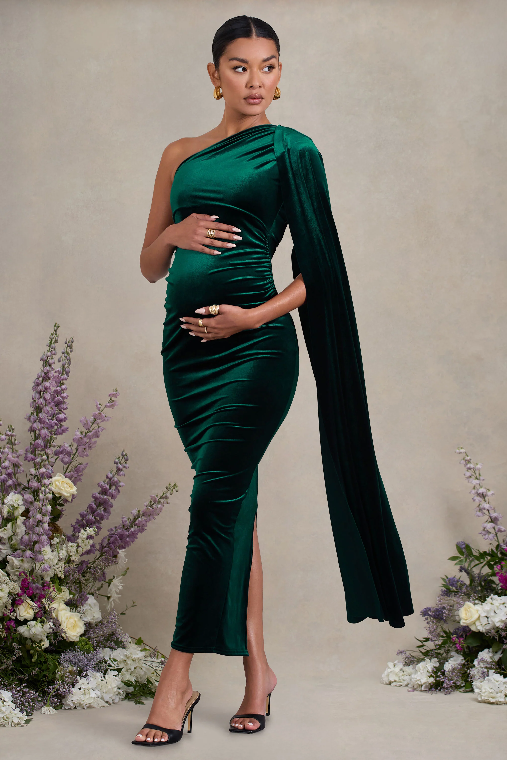 Amaryllis | Bottle Green Velvet Maternity One Shoulder Maxi Dress with Cape Sleeve