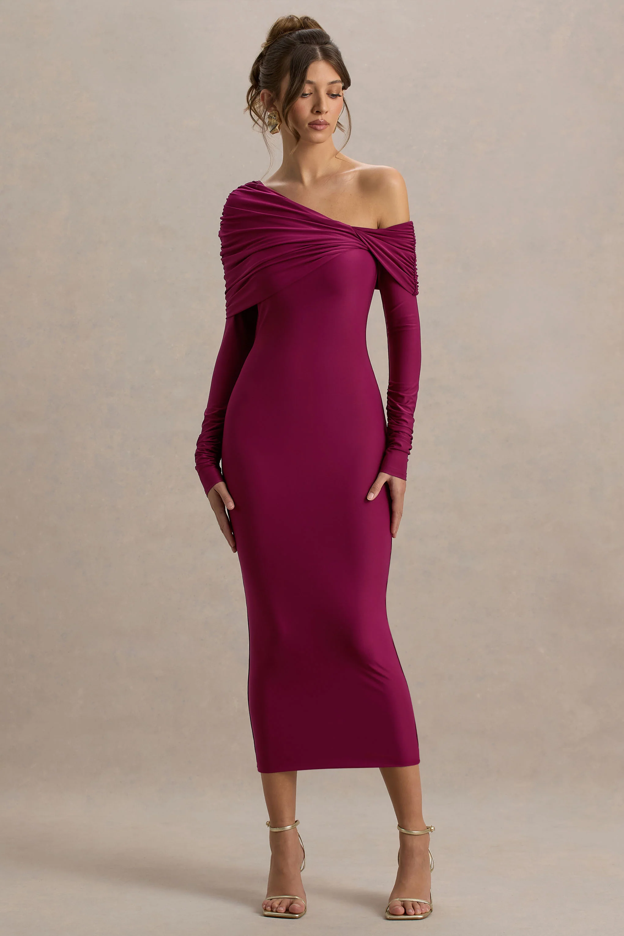 Cleo | Burgundy Bodycon Midi Dress With Mesh Sleeves