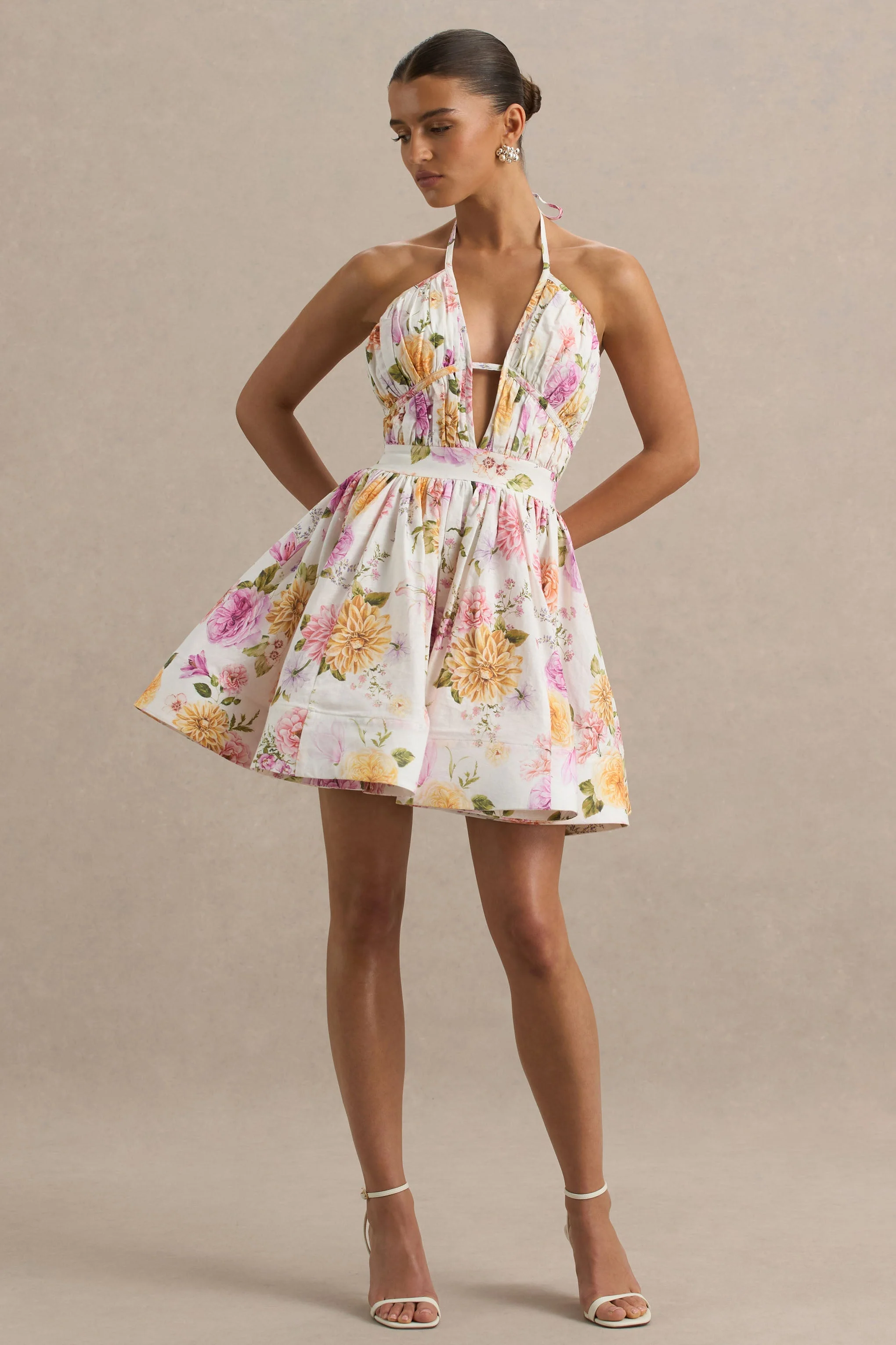 Kasey | Cream Floral Print Halter-Neck Mini Dress With Ruffle Detail