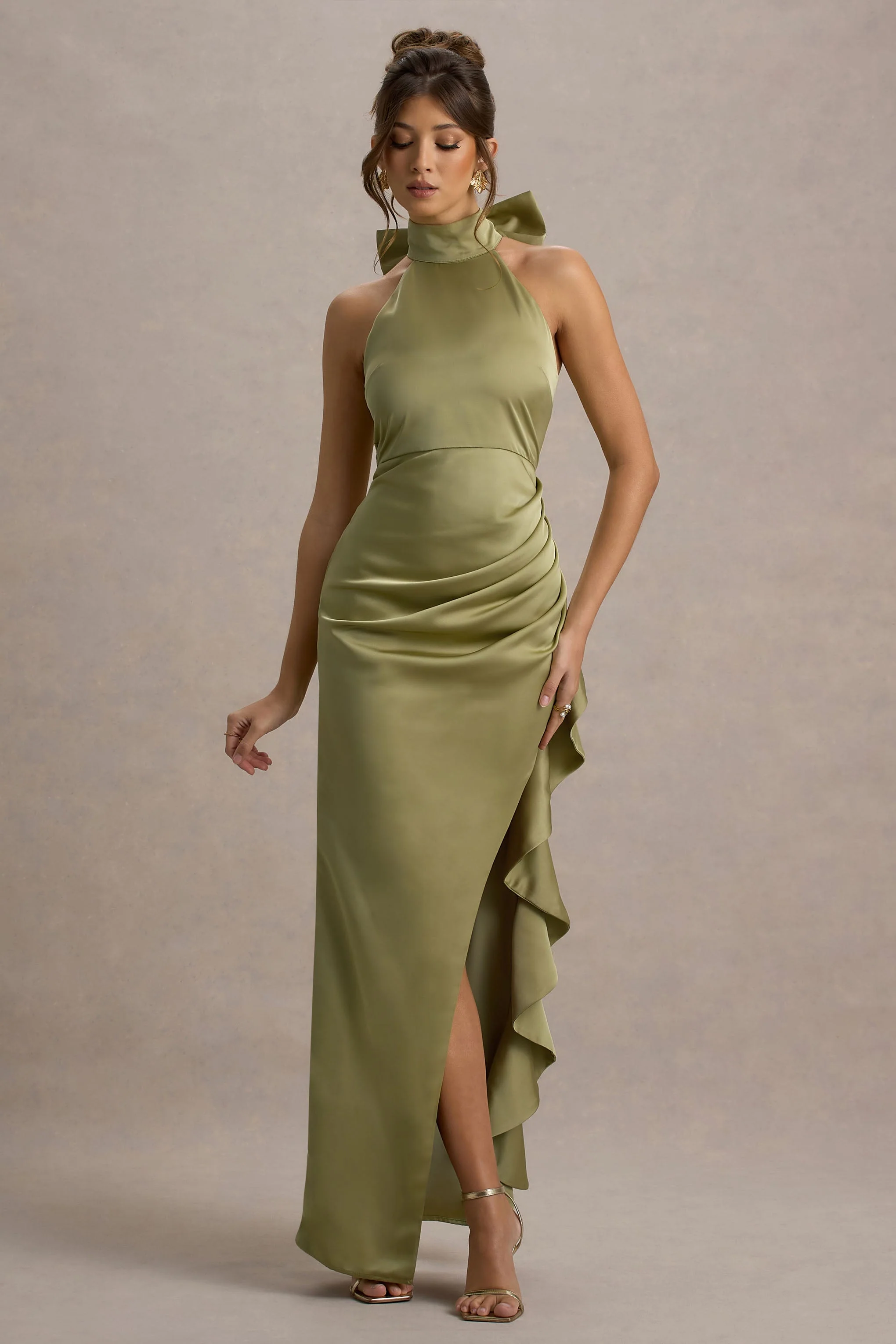 Maureen | Light Green Satin High-Neck Draped Maxi Dress
