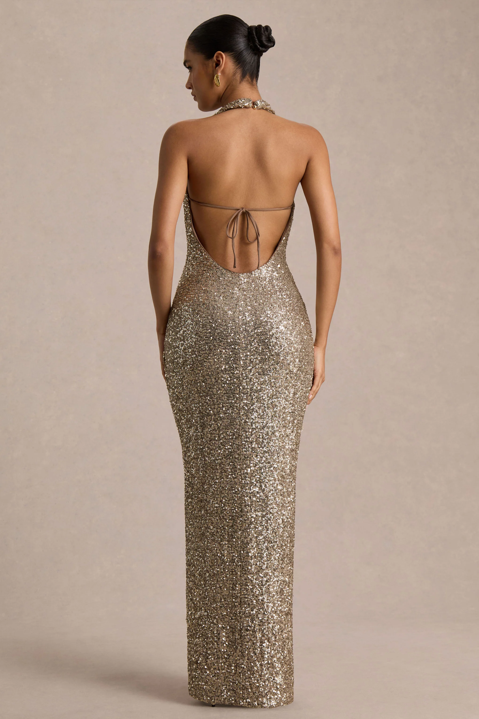 Gio | Champagne Sequin Plunge-Neck Wrap Maxi Dress With Ruched Detailing