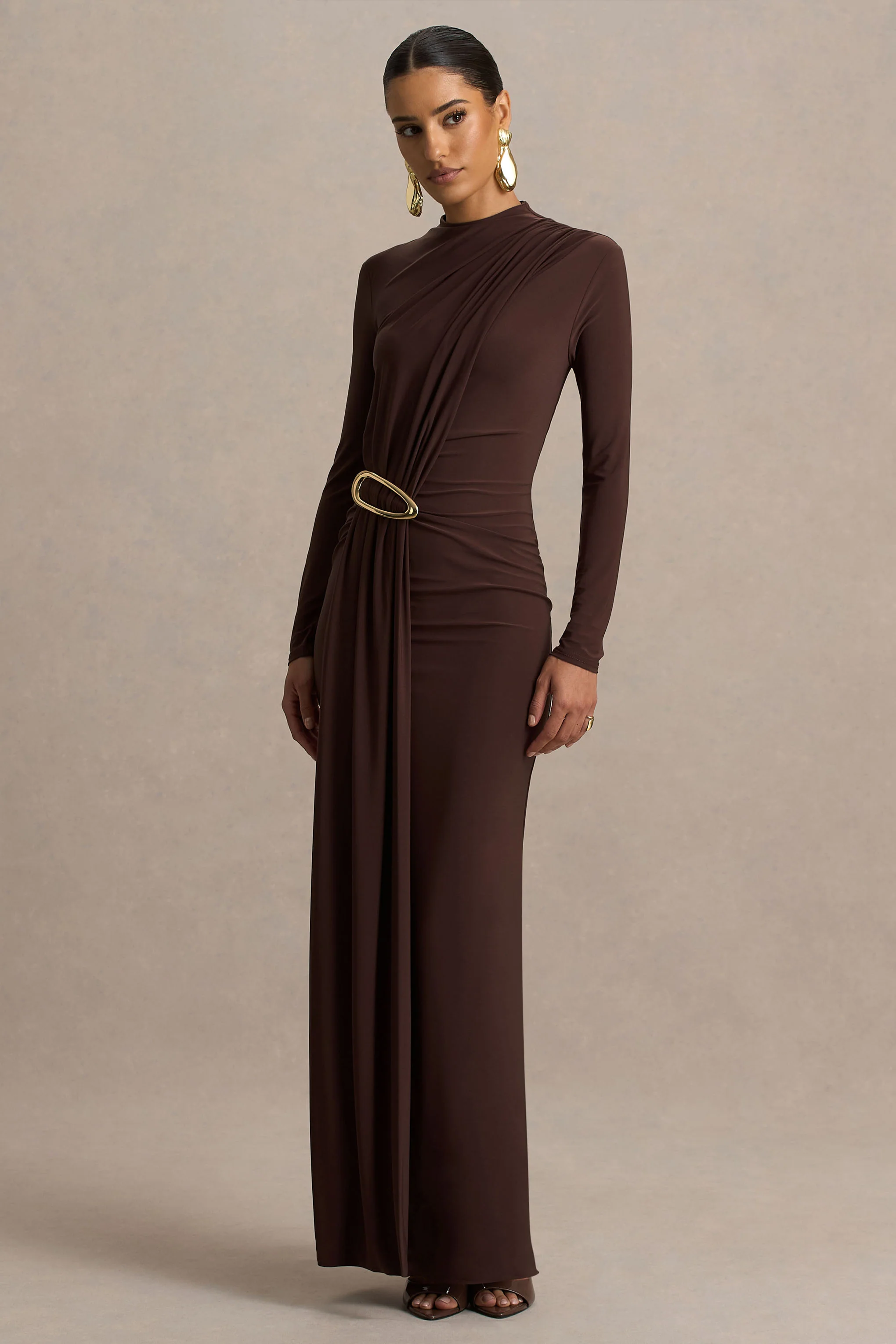 Zadie | Brown High-Neck Maxi Dress With Gathered-Detail