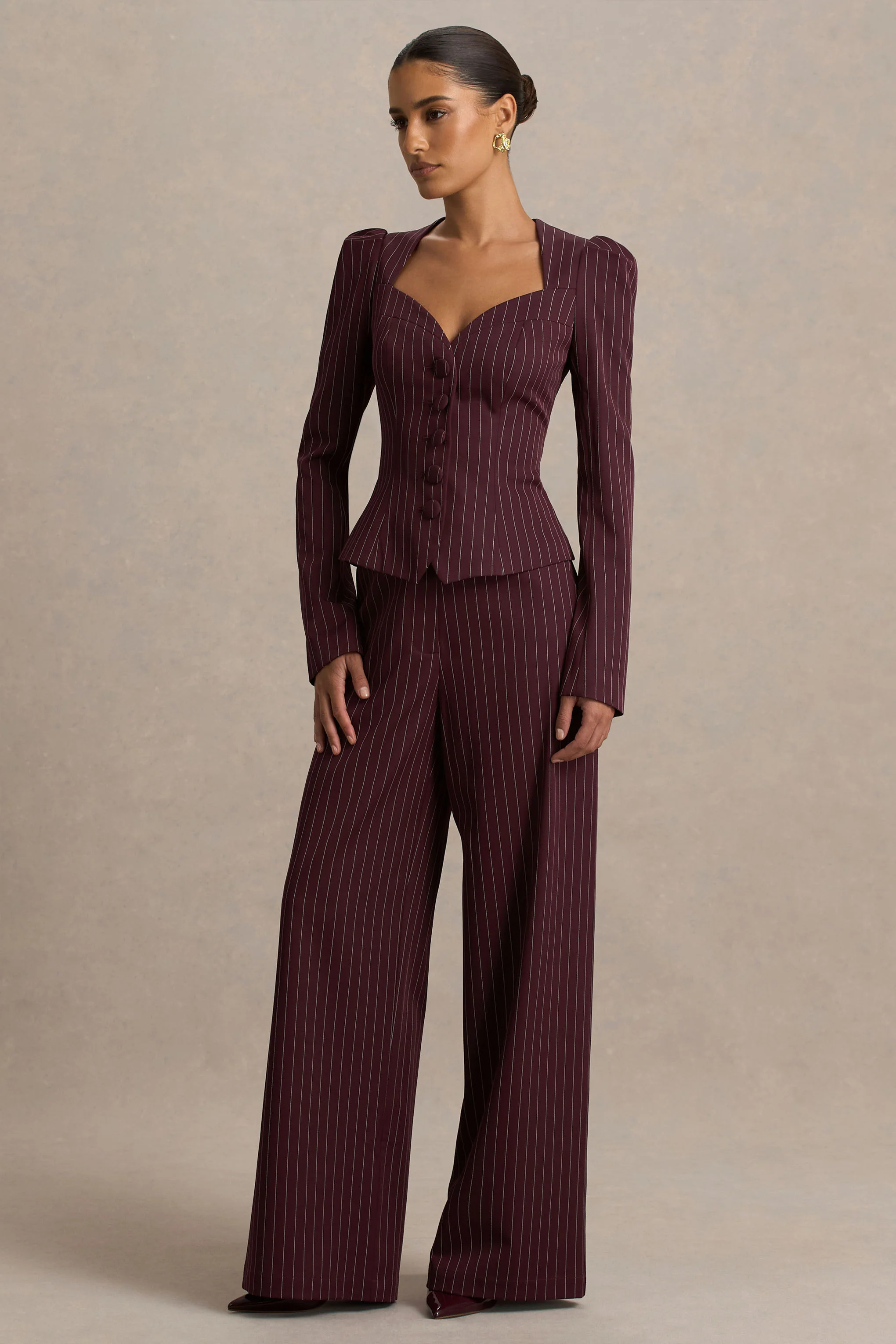 Asteria | Burgundy Pinstripe Wide-Leg Trousers