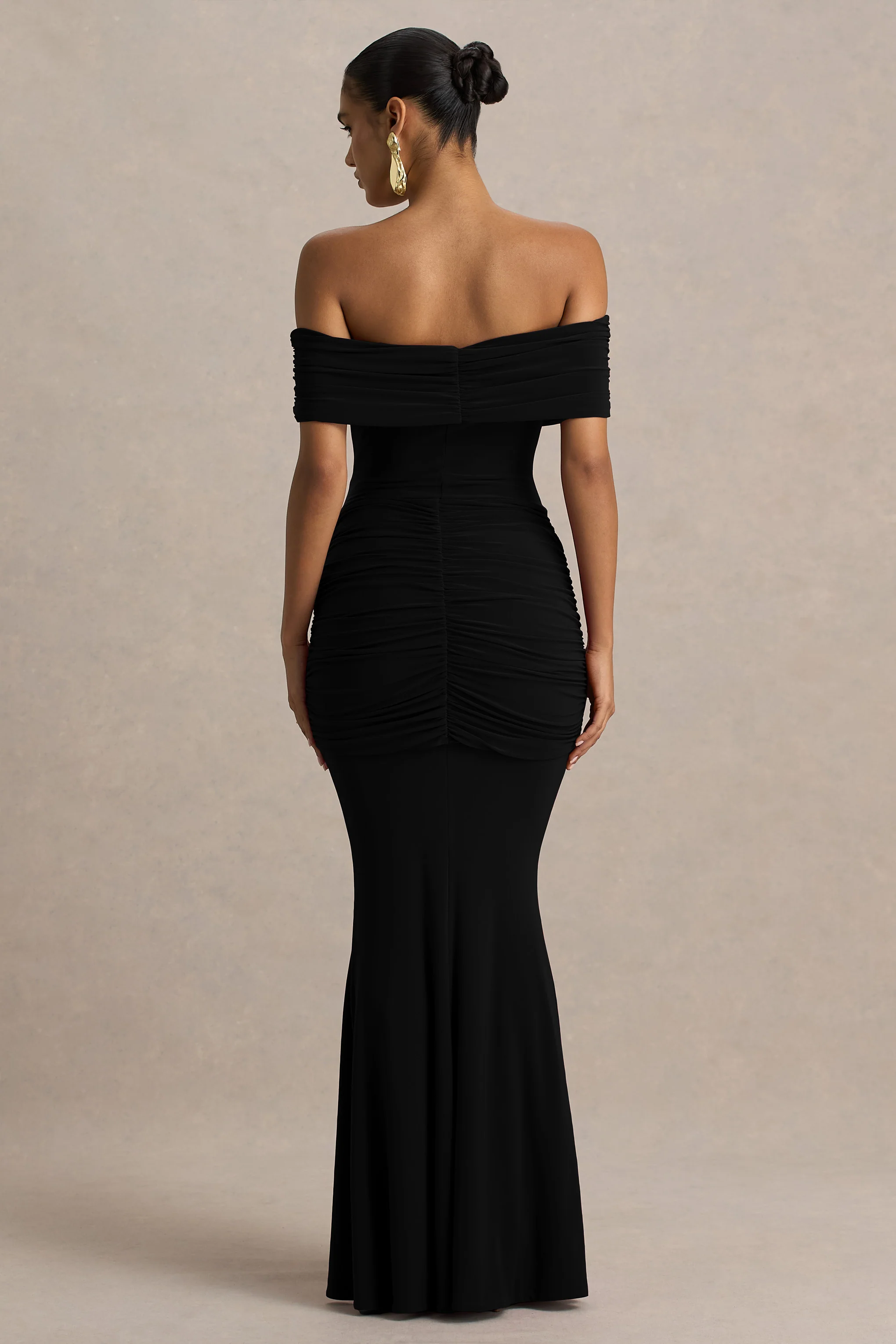Envisioned | Black Bardot-Neck Maxi Dress With Gathered And Drape Detail