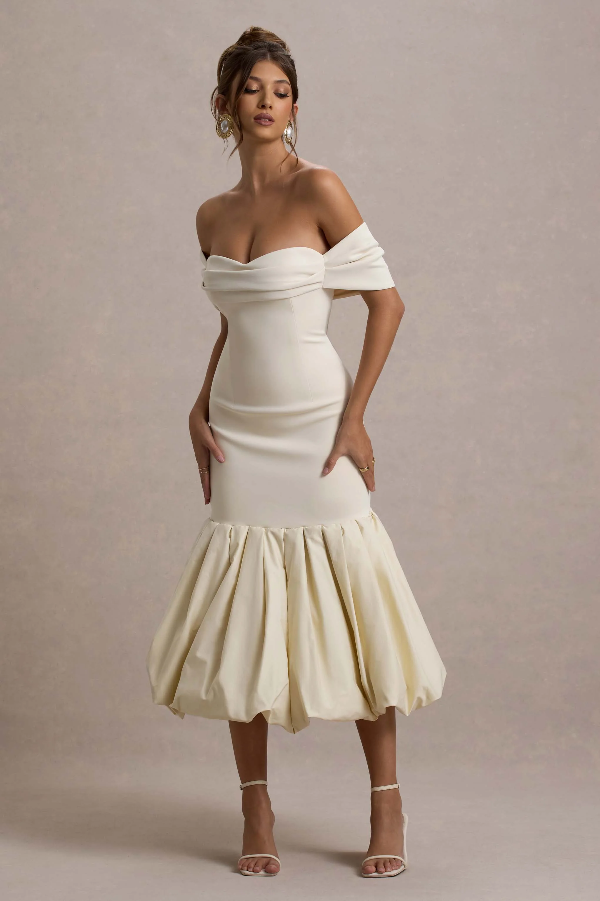 Posie | Stone Bardot Midi Dress With Puffball Hem