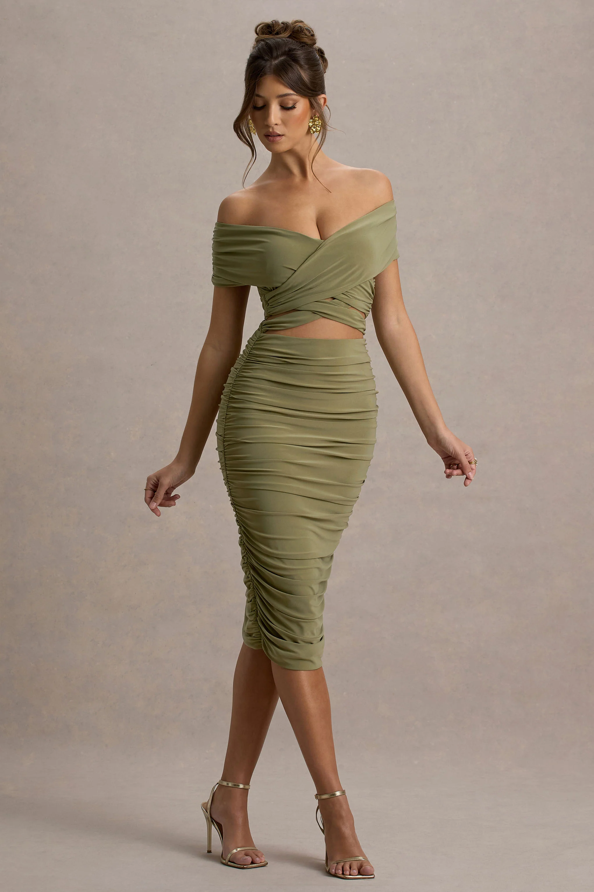 Clovette | Olive Ruched Bardot Cut-Out Midi Dress