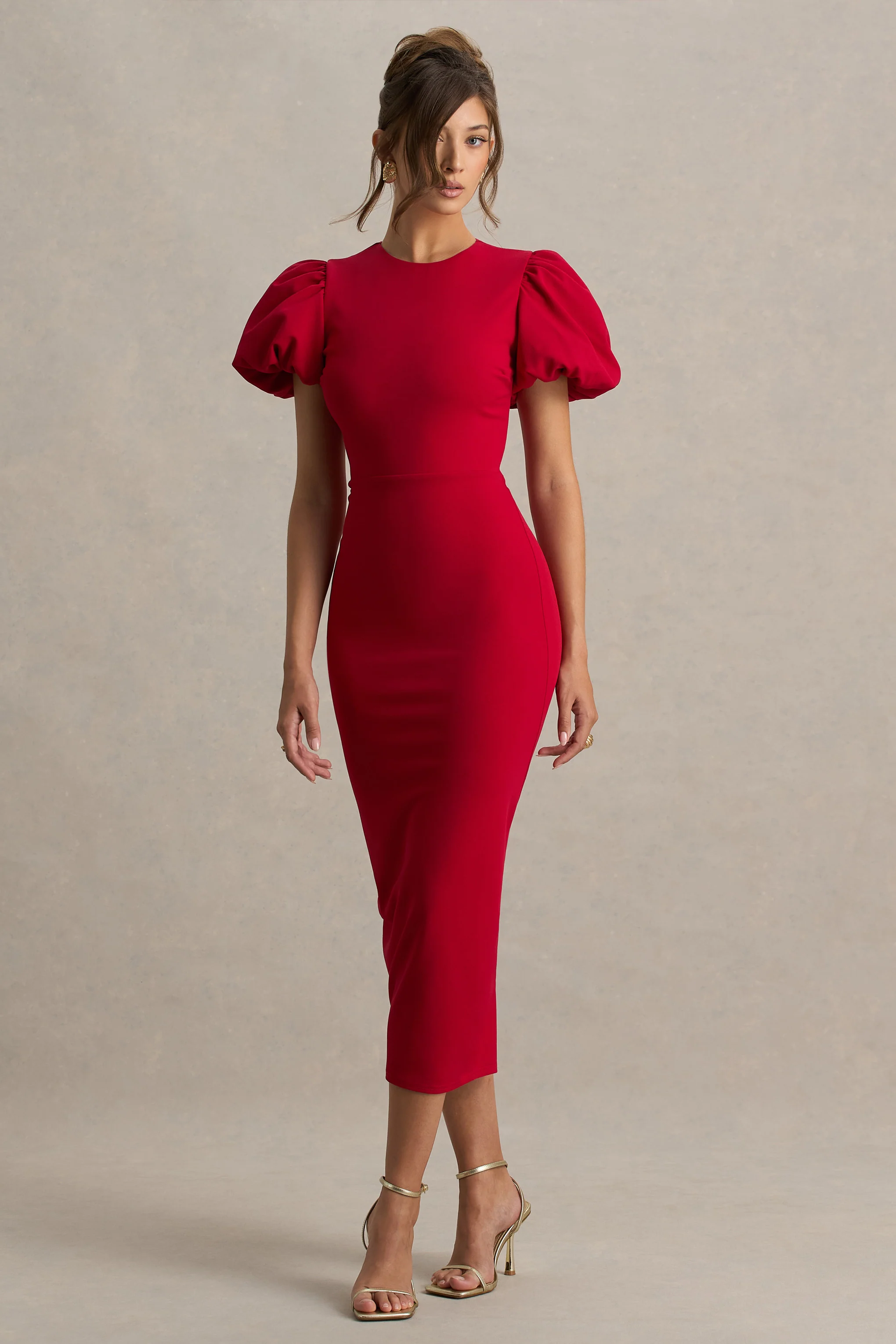 Dakota | Red Puff-Sleeve Midi Dress