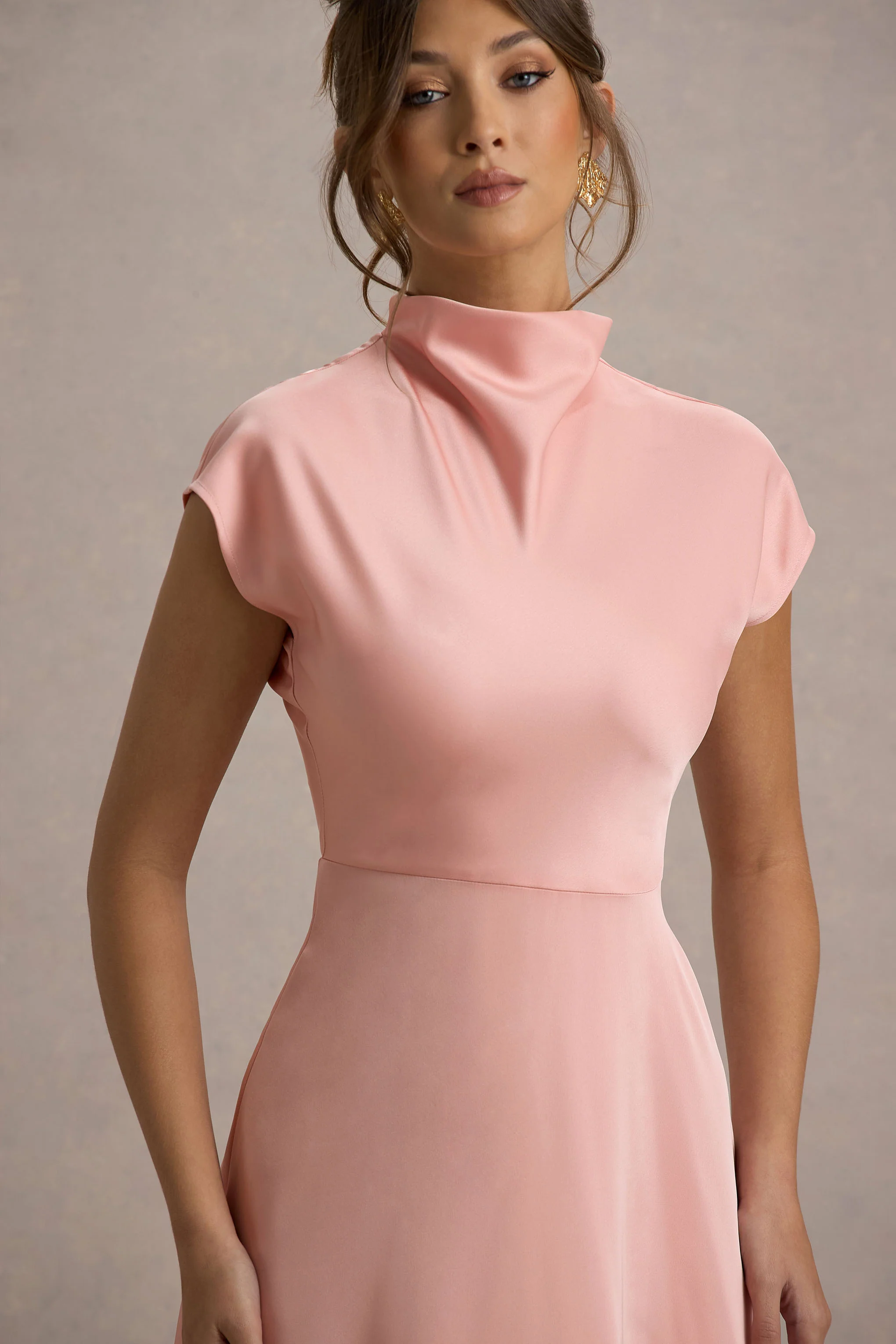 Velma | Light Pink Satin Midi Dress With Draped Hem