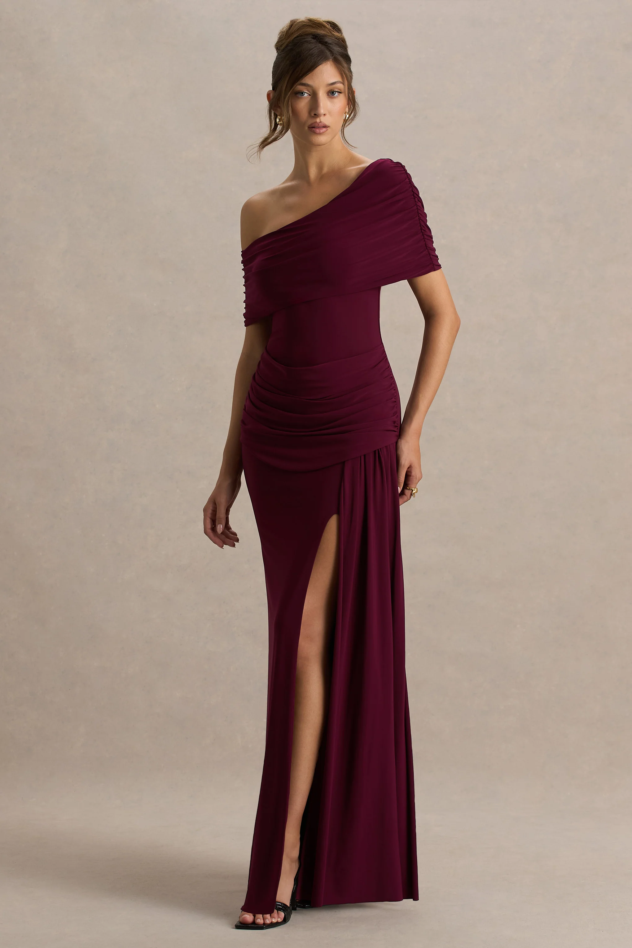 Dynasty | Burgundy Asymmetric-Neck Maxi Dress With Ruched Detailing And Front High-Split