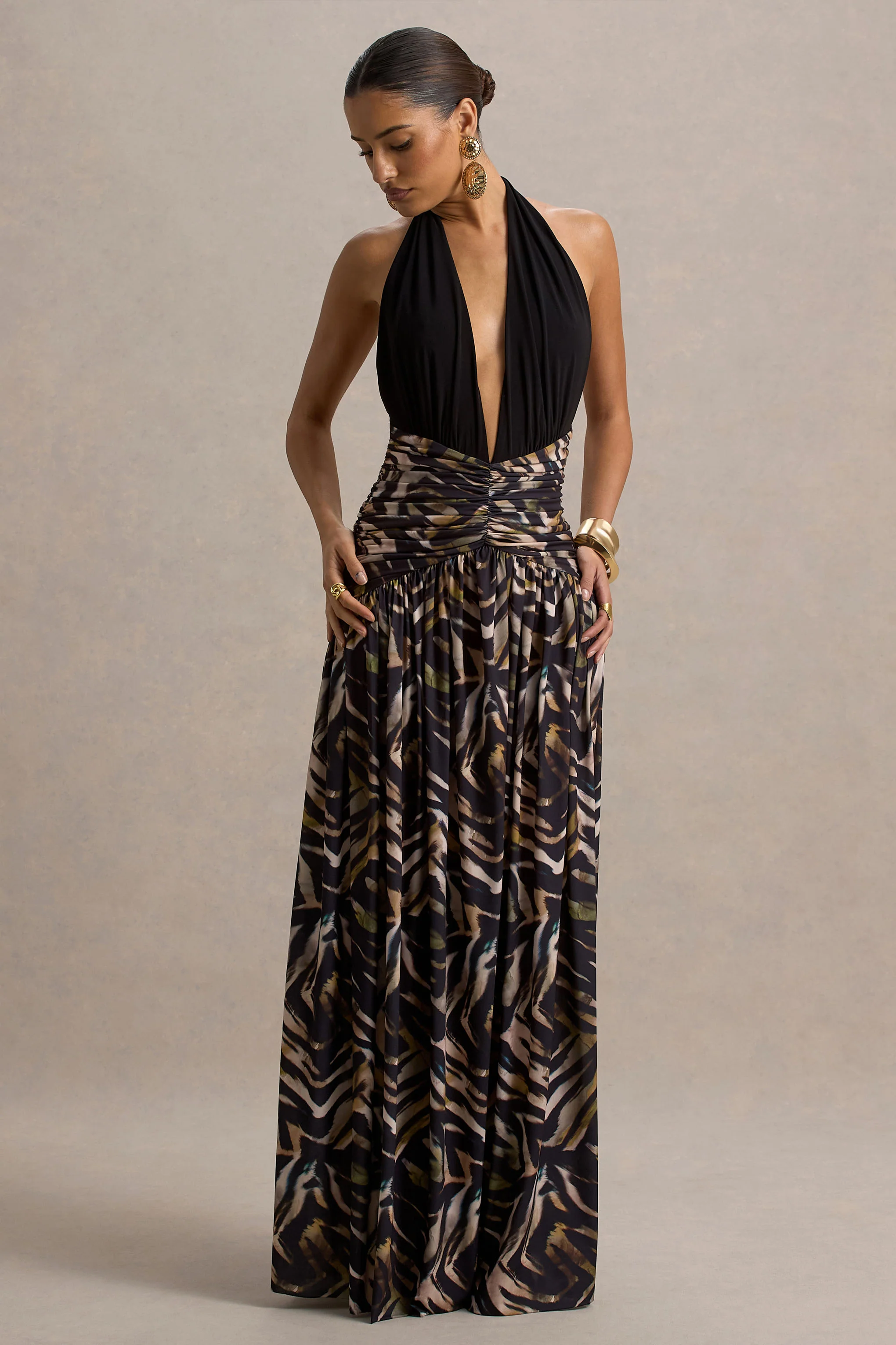 Ferreira | Zebra Print Plunge-Neck Maxi Dress