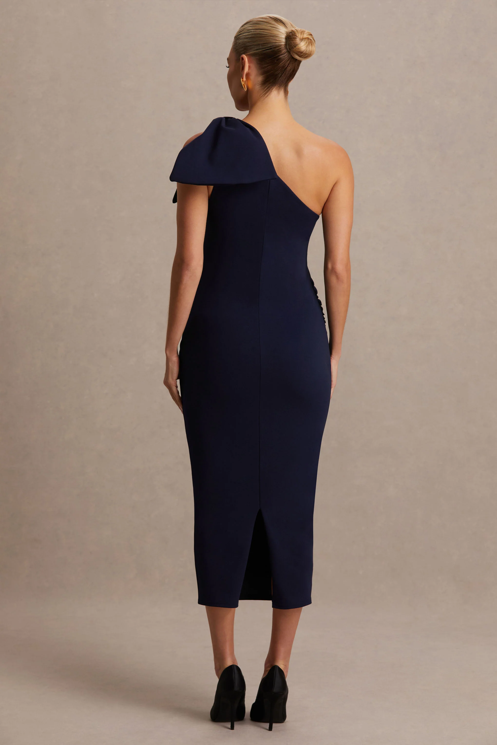 Adorn | Navy Asymmetric Maternity Midi Dress With Shoulder Bow Detail