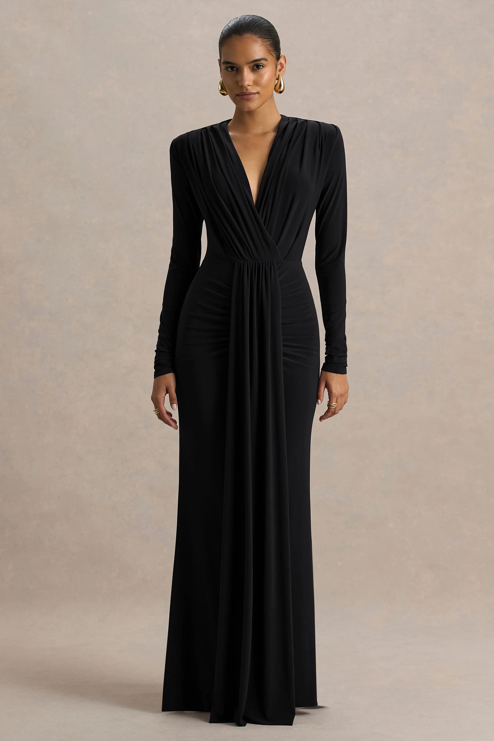 Flashy | Black Plunge-Neck Maxi Dress With Ruched Detailing
