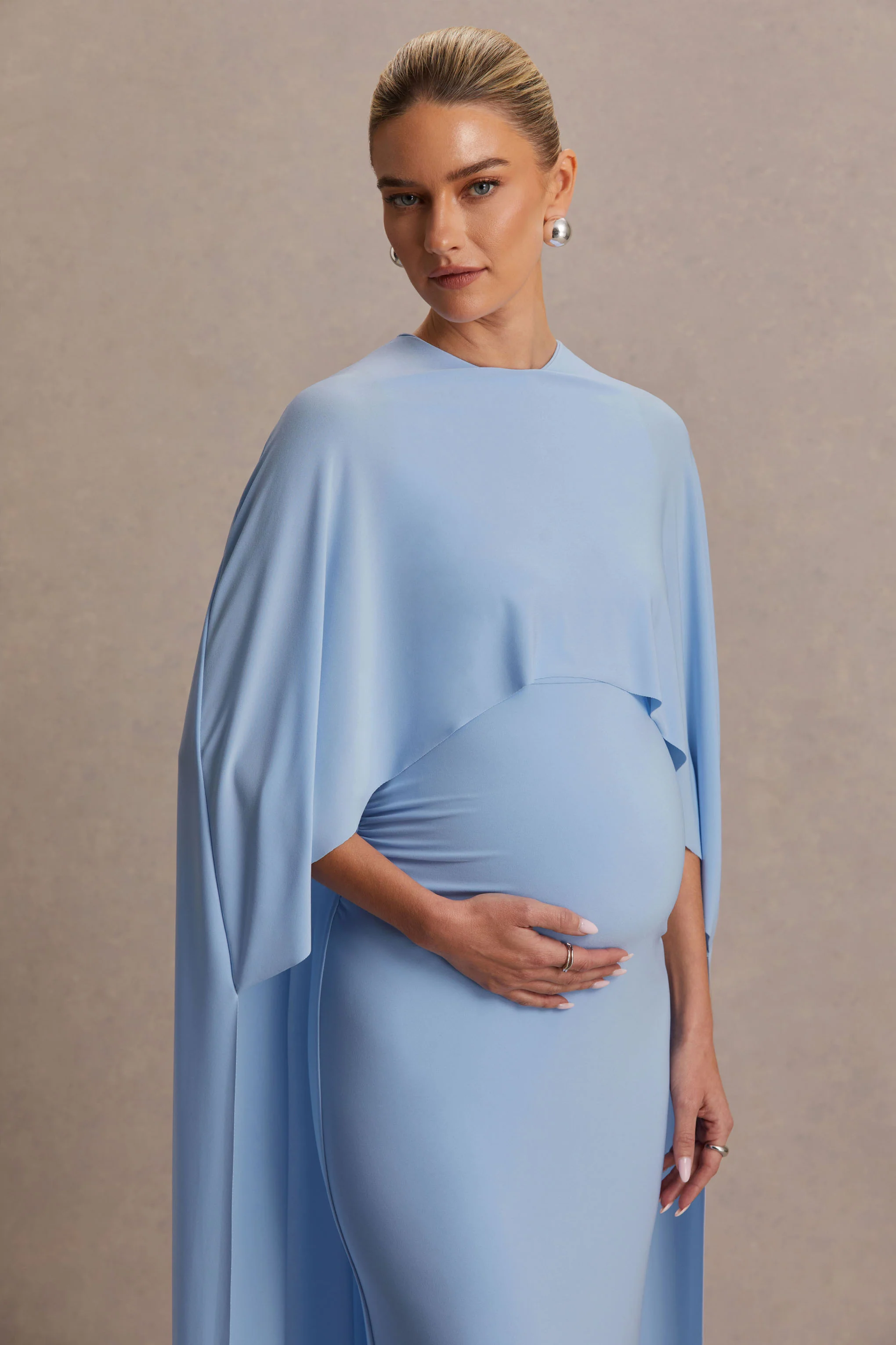 Padma | Powder Blue Draped Maternity Maxi Dress With Cape Sleeves