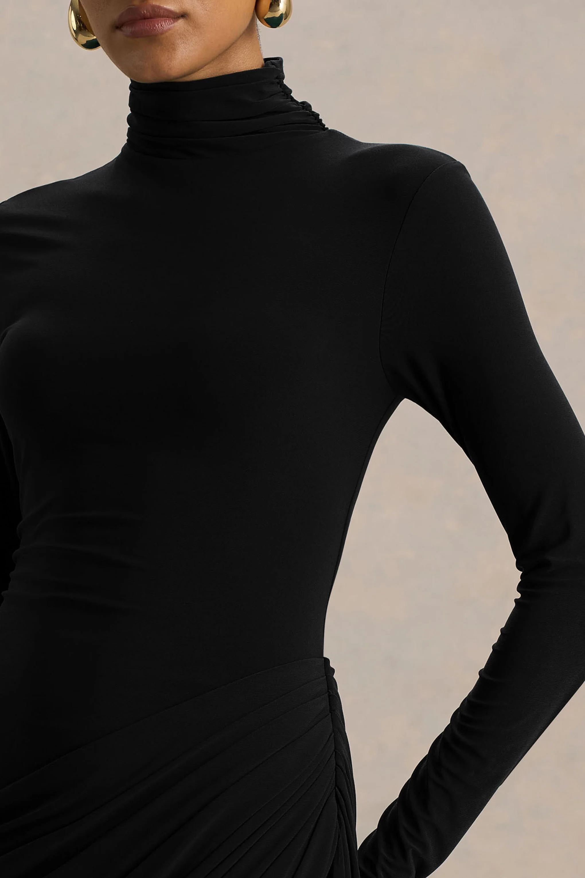 Betsy | Black High-Neck Maxi Dress With Front Split And Ruched Detailing