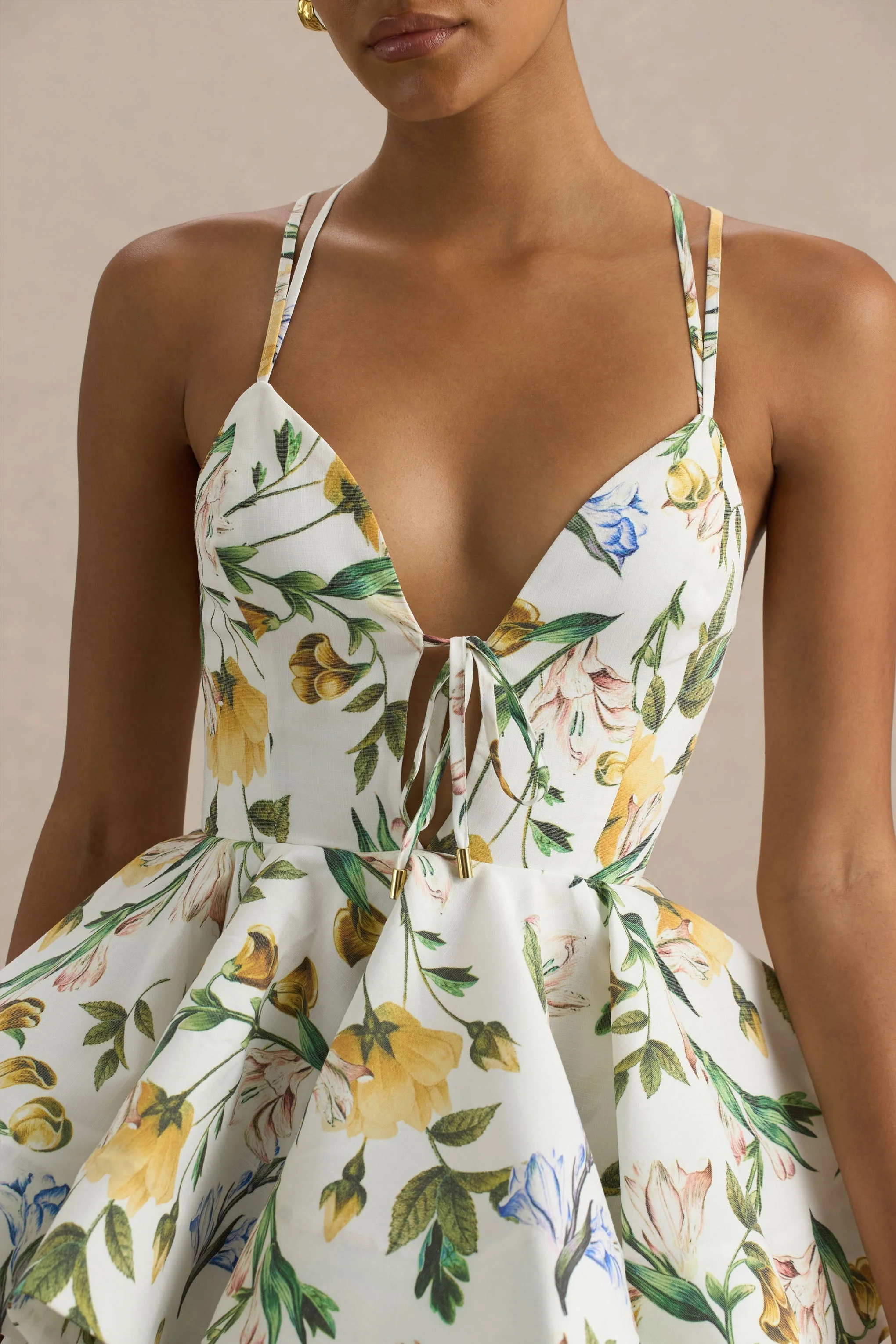 Flavia | White Botanical Print Linen Plunge-Neck Ruffled Skater Micro-Mini Dress