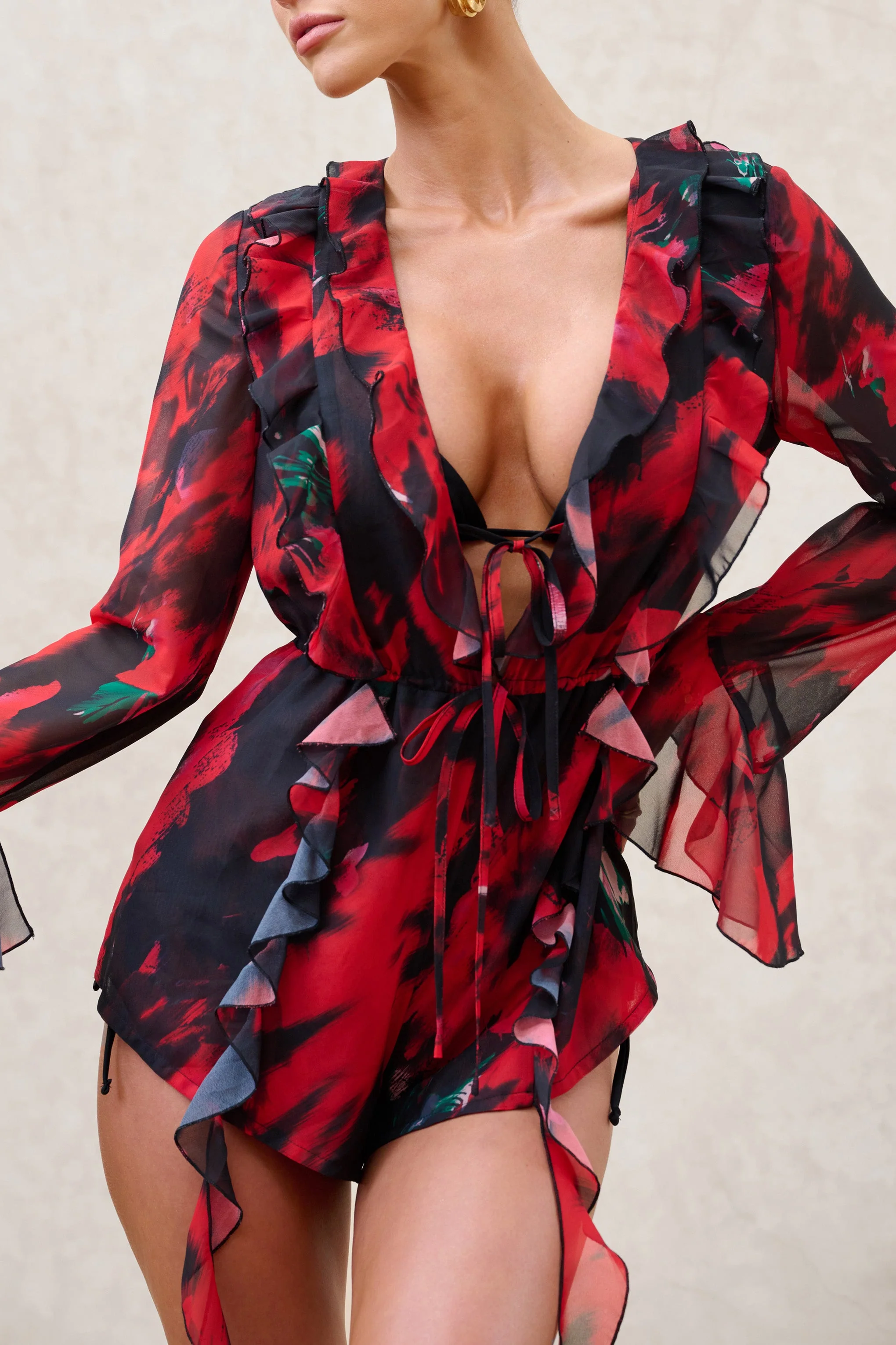 Sauvage | Red & Black Floral Print Chiffon Ruffle Long Sleeve Playsuit