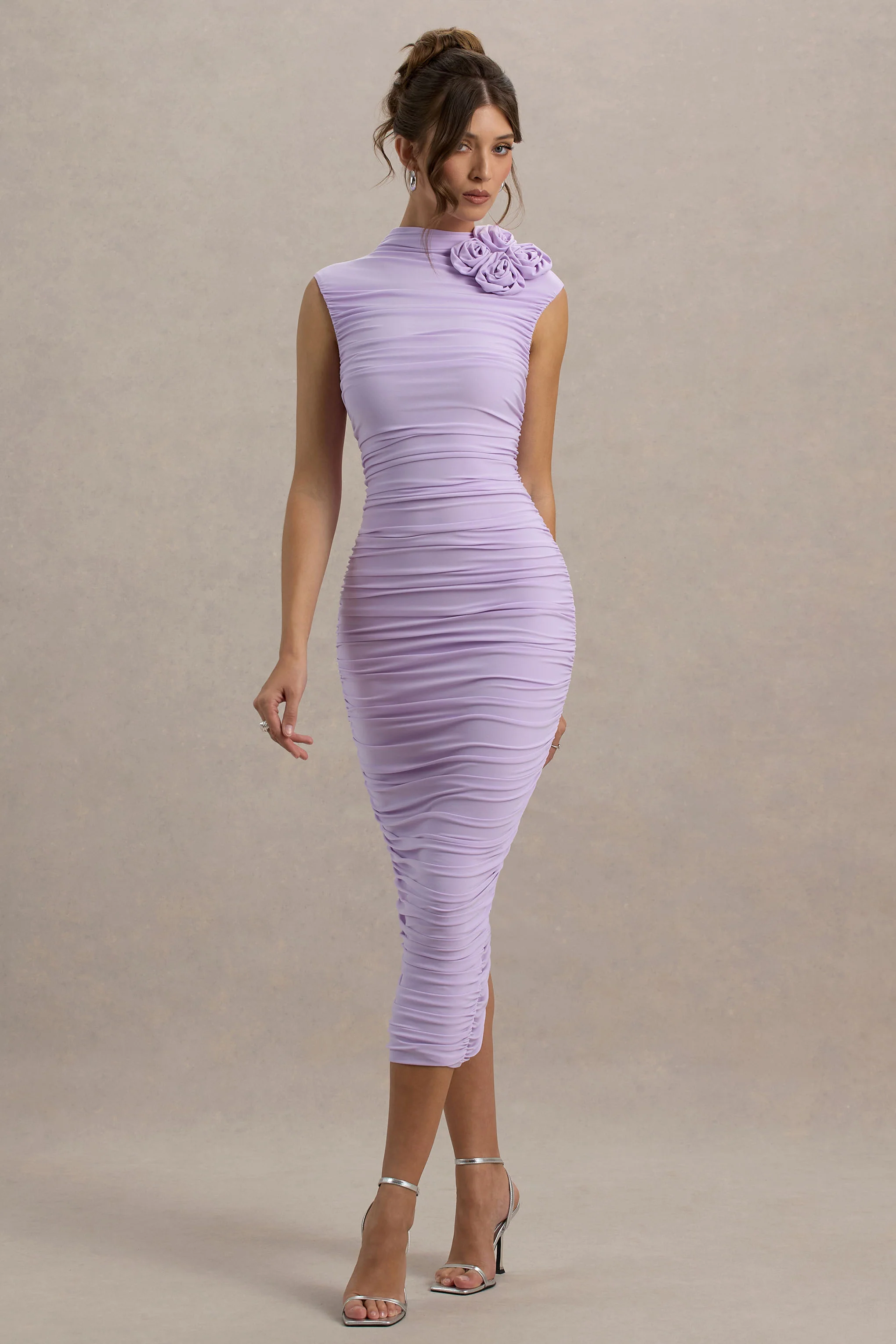 Bridget | Lilac High-Neck Gathered Midi Dress With Floral Detail