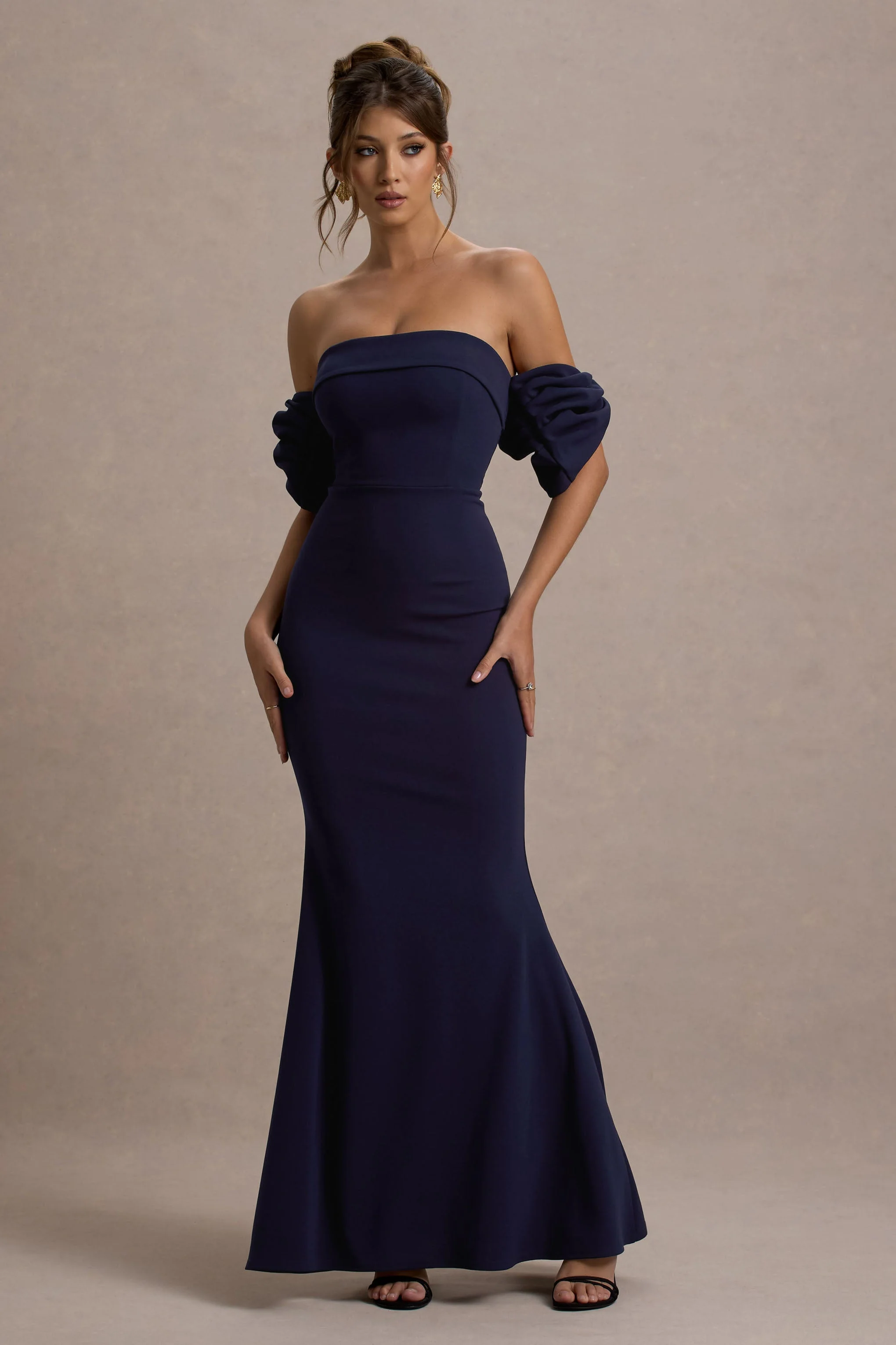 Alaine | Navy Bardot Maxi Dress With Bow Sleeves