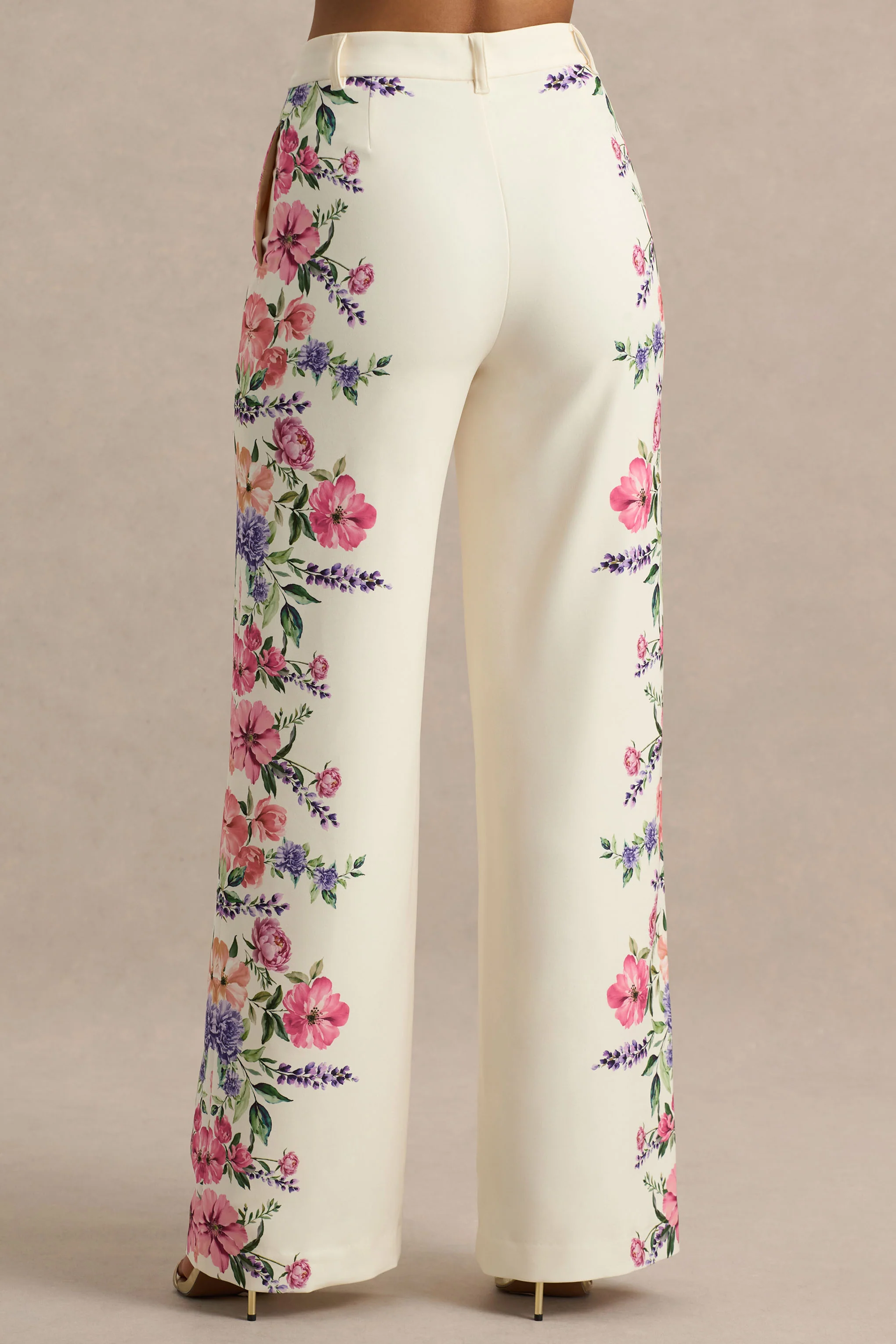 Solana | White Floral Border Print Wide-Leg Trousers