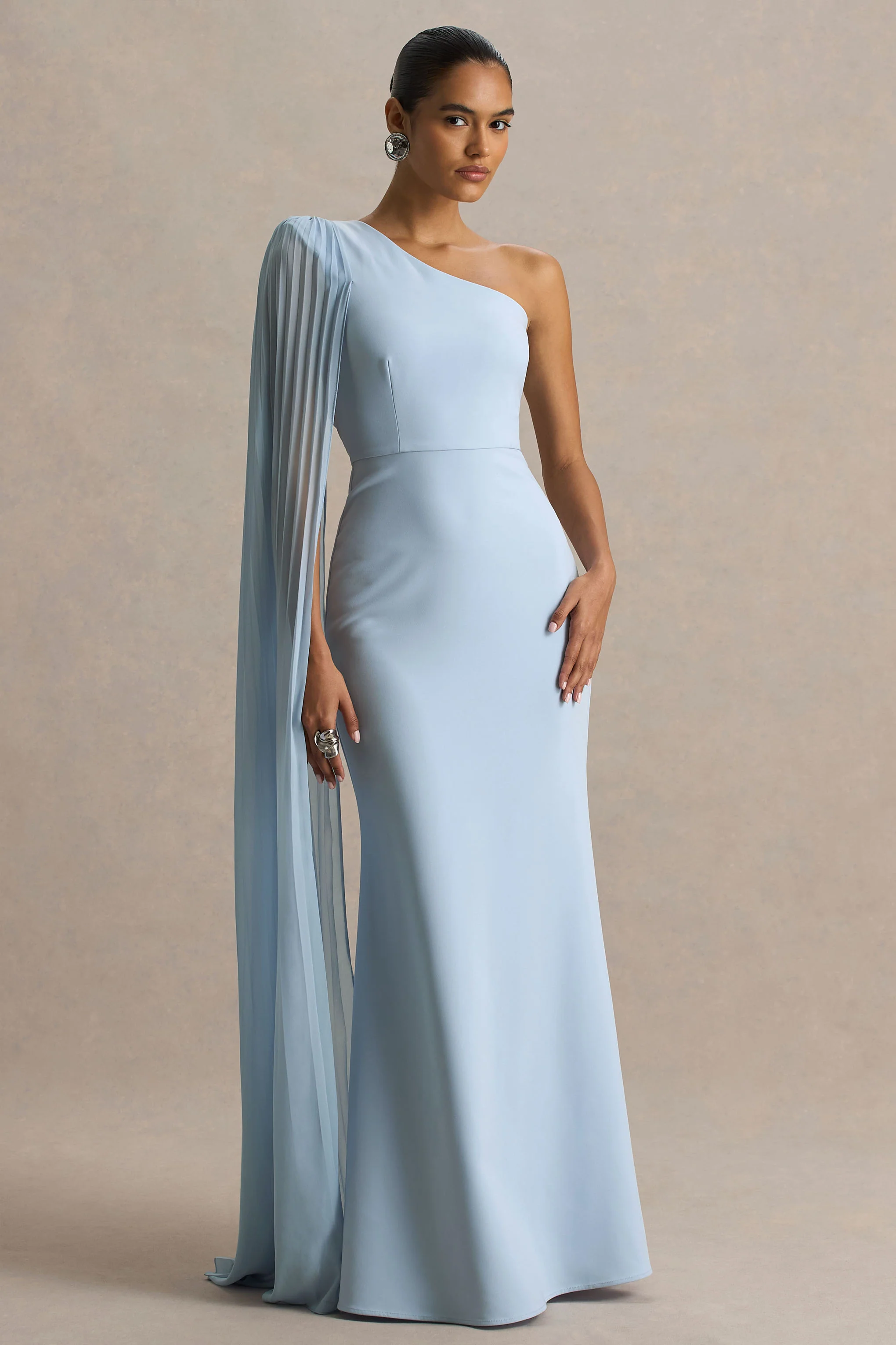 Athens | Powder Blue Asymmetric-Neck Maxi Dress With Cape Sleeve Detail