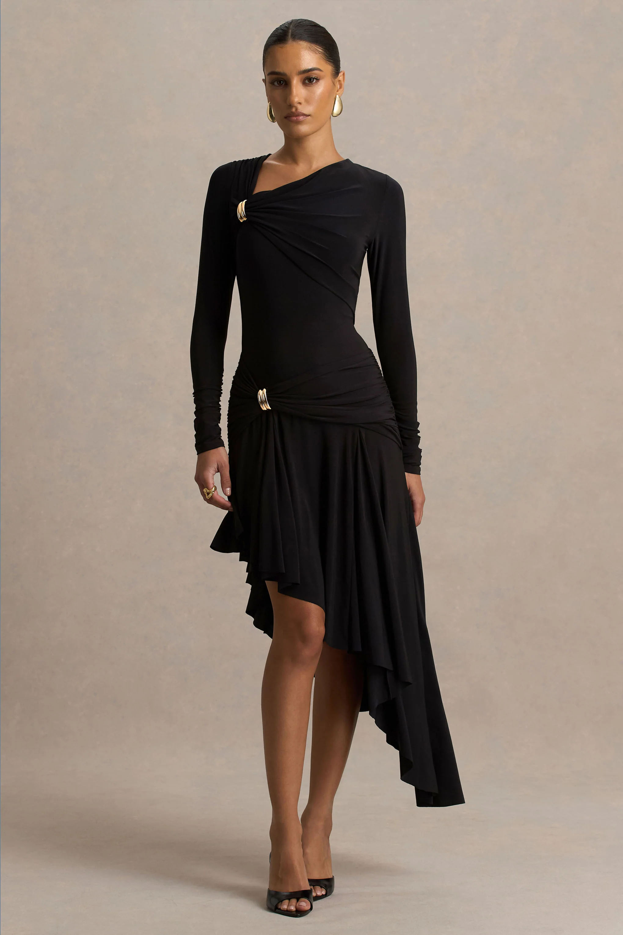 Alexia | Black Asymmetric-Neck Maxi Dress With Embellishment And Ruched Detailing