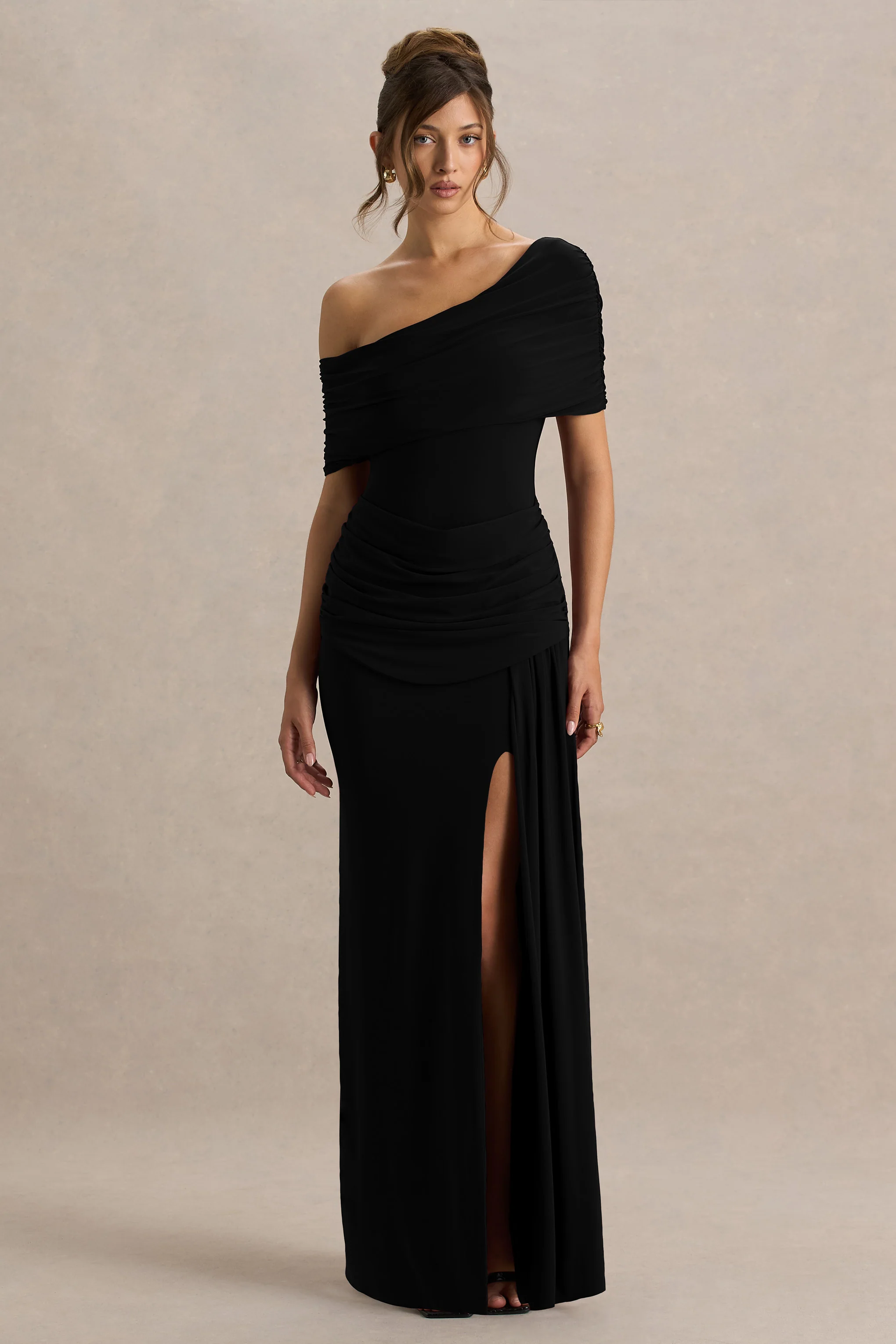 Dynasty | Black Asymmetric-Neck Maxi Dress With Ruched Detailing And Front High-Split
