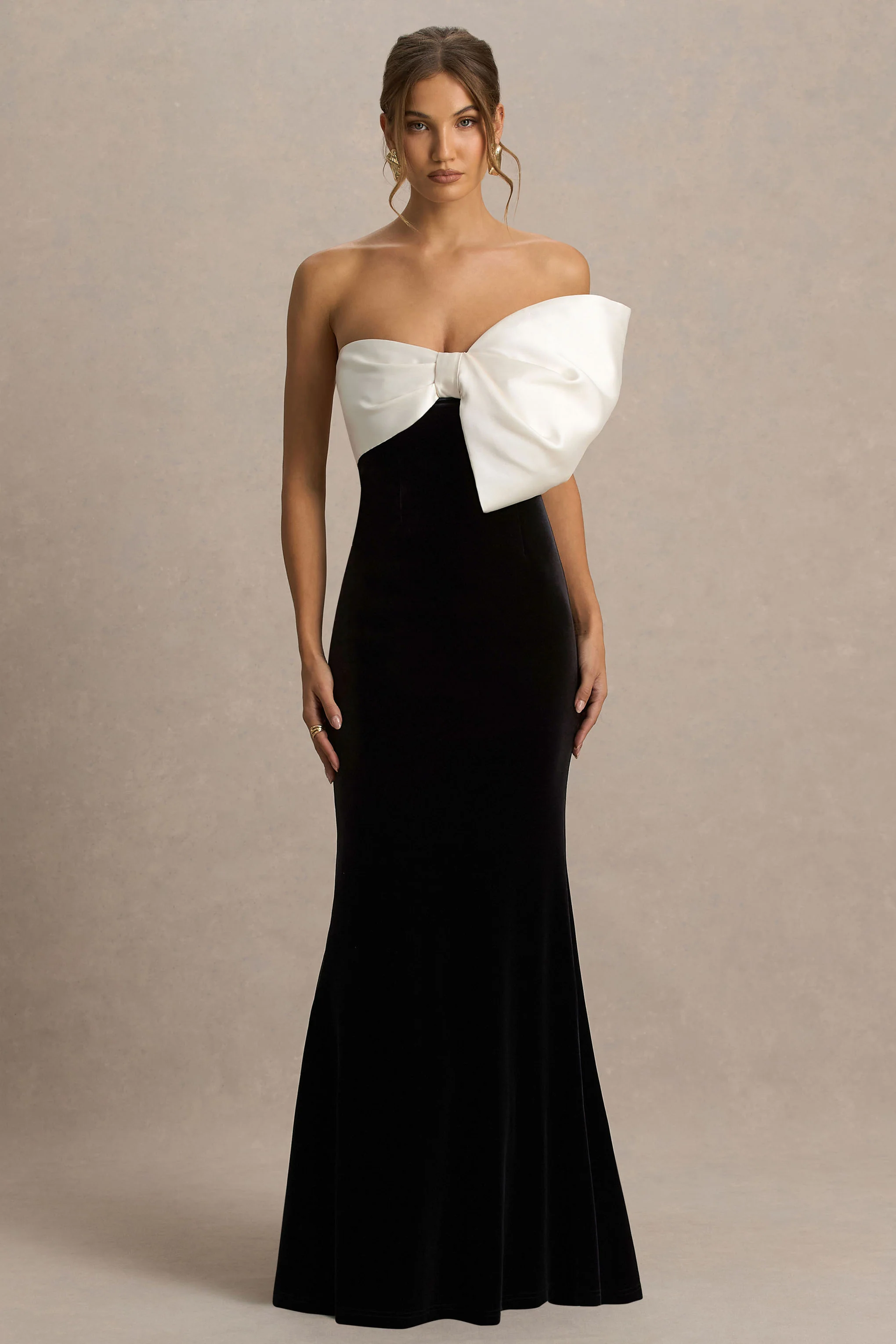 Divulge | Black And White Velvet Asymmetric-Neck Maxi Dress With Bow Detail