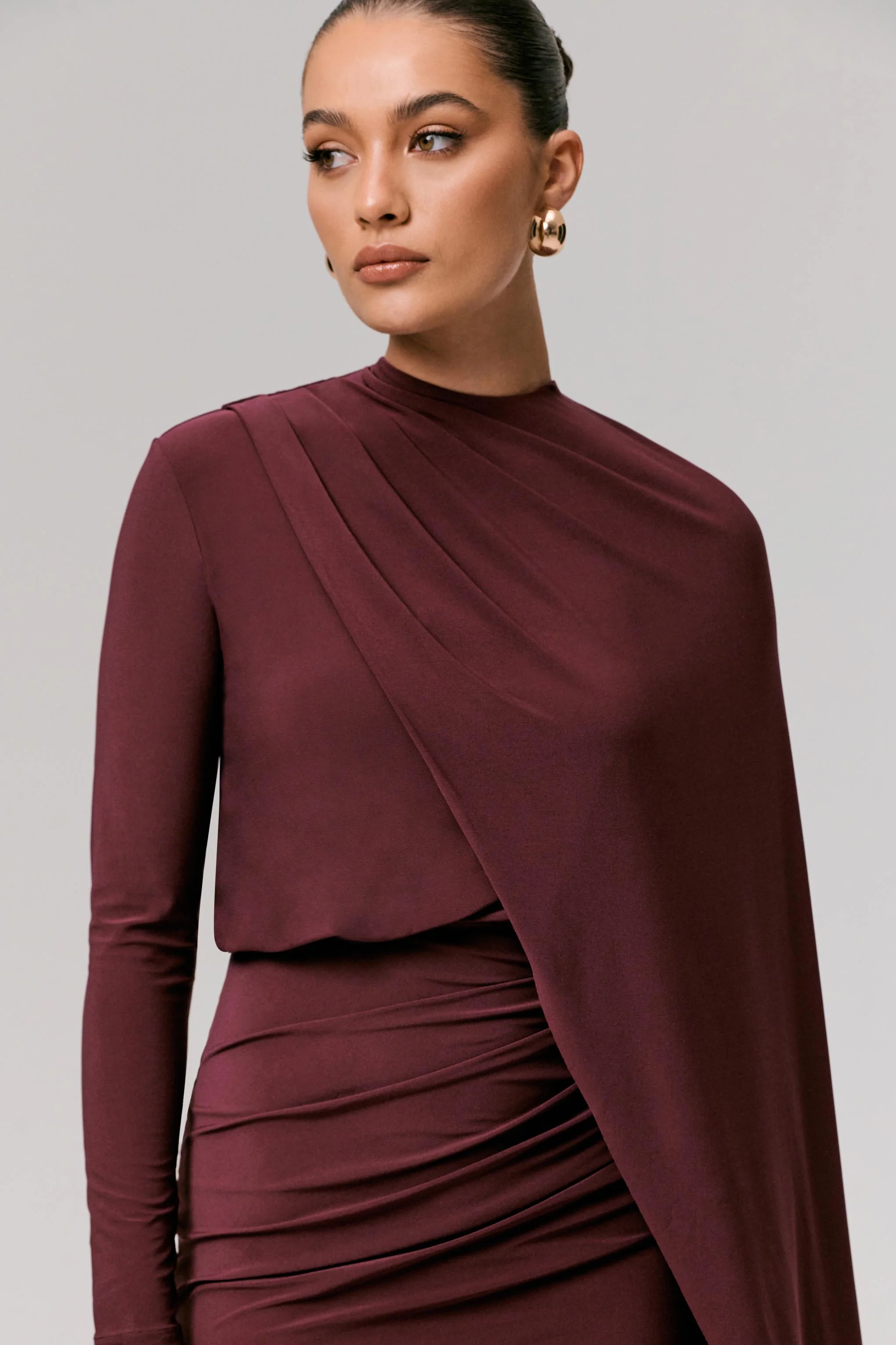 Celeste | Burgundy Long-Sleeve Mini Dress With Cape Sleeve