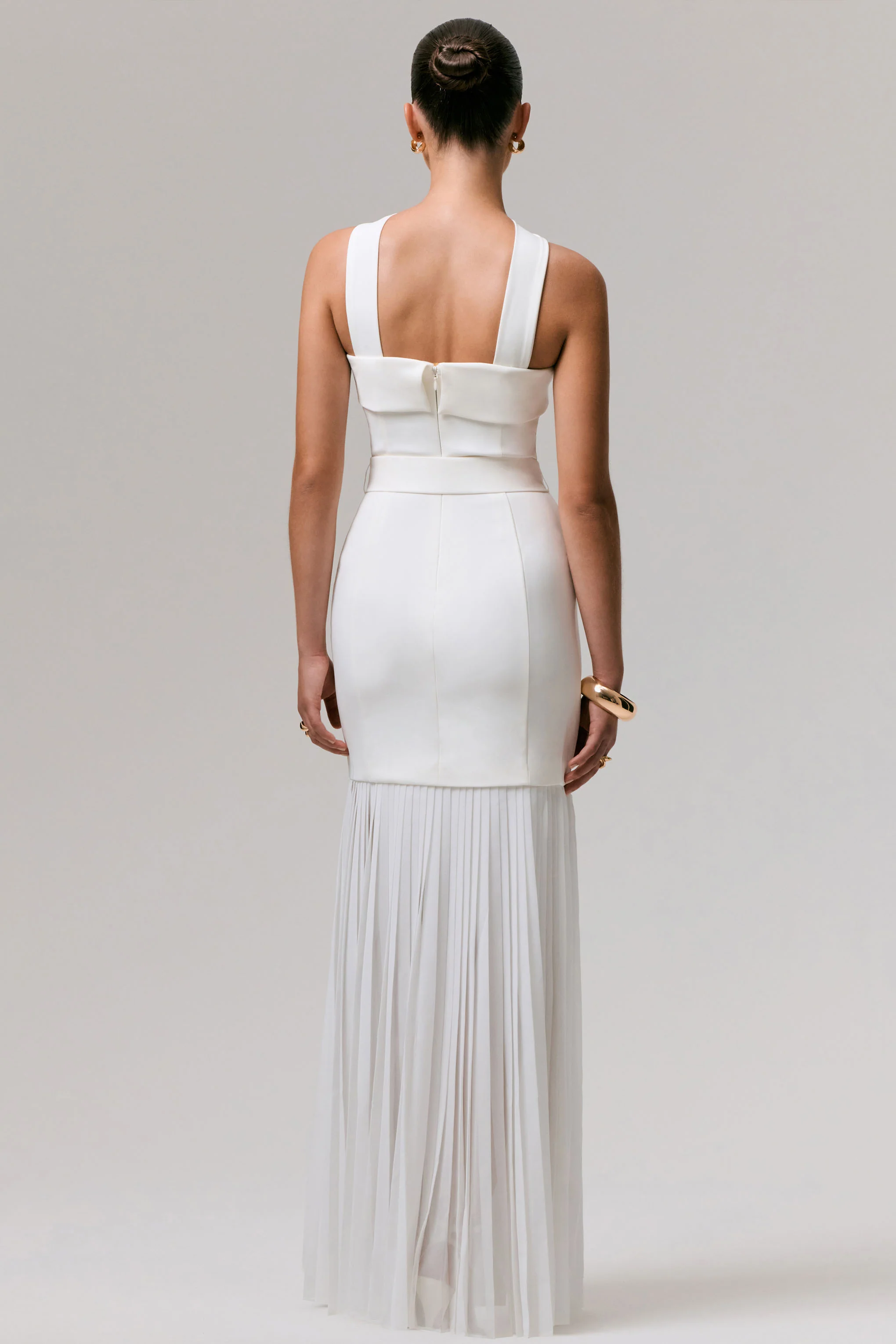Jaquetta | White Belted Maxi Dress With Pleated Chiffon Skirt