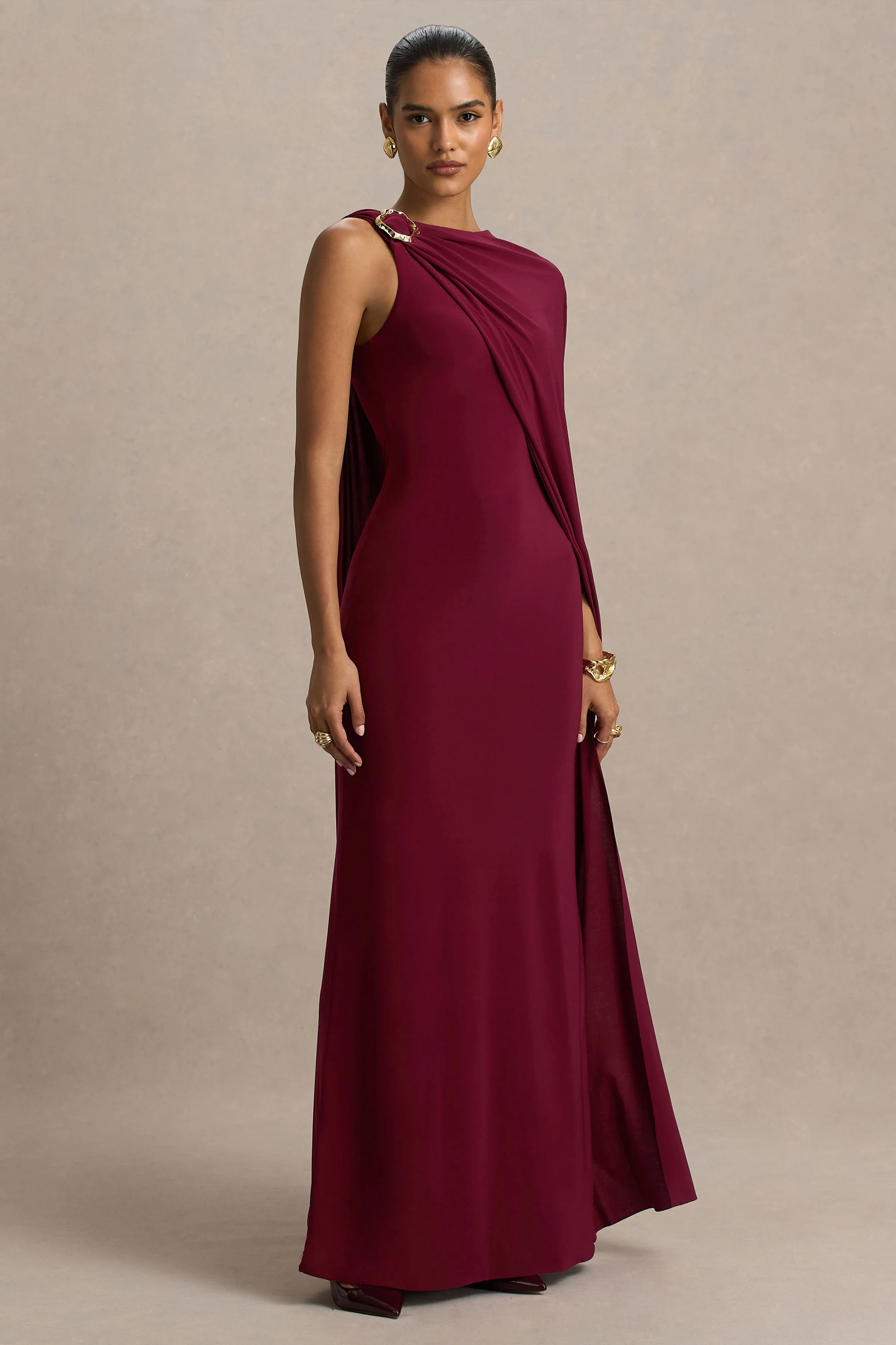 Cressida | Burgundy Asymmetric-Neck Maxi Dress With Cape