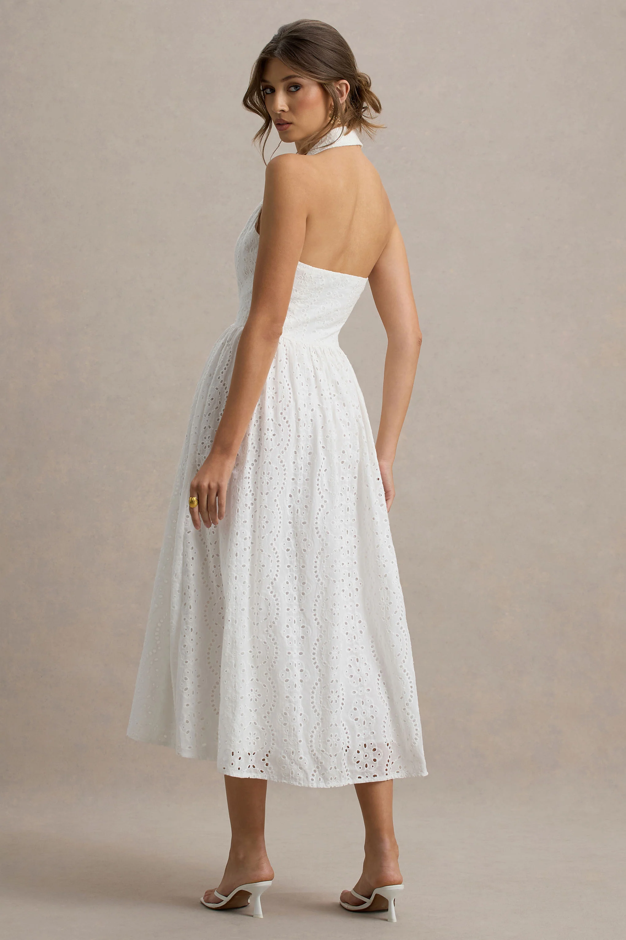 Jezebel | White Lace Plunge-Neck Collared Midi Dress