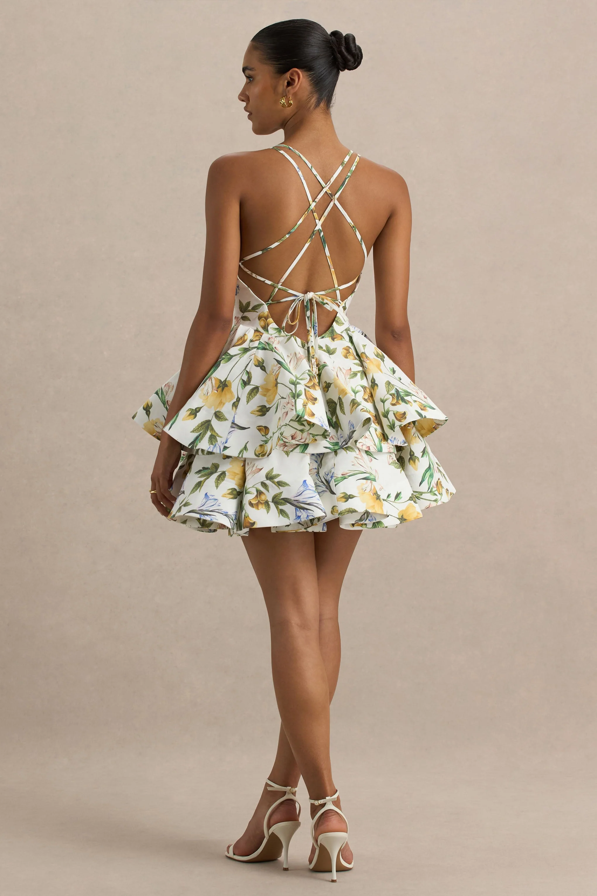 Flavia | White Botanical Print Linen Plunge-Neck Ruffled Skater Micro-Mini Dress