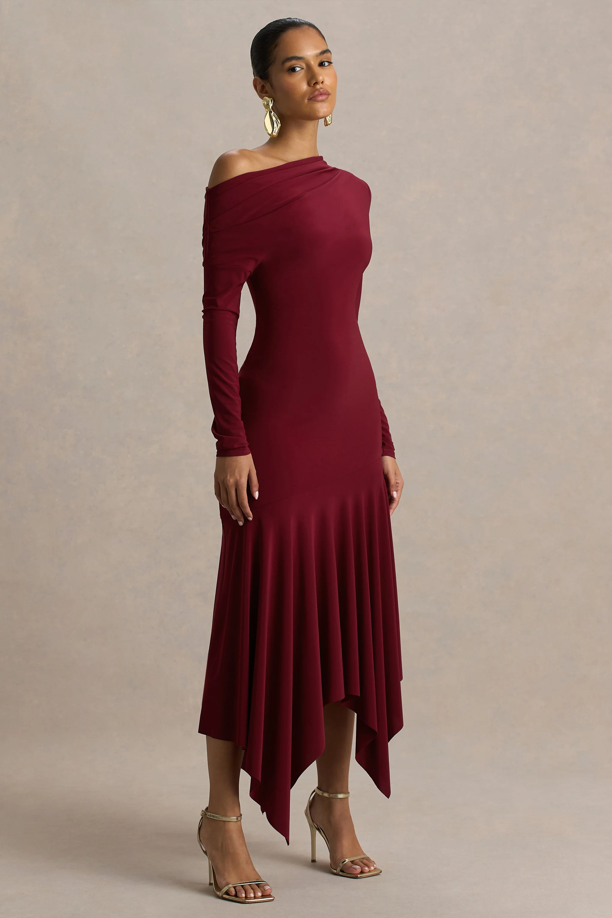 Isola | Burgundy Asymmetric-Neck Midi Dress With Drop-Waist