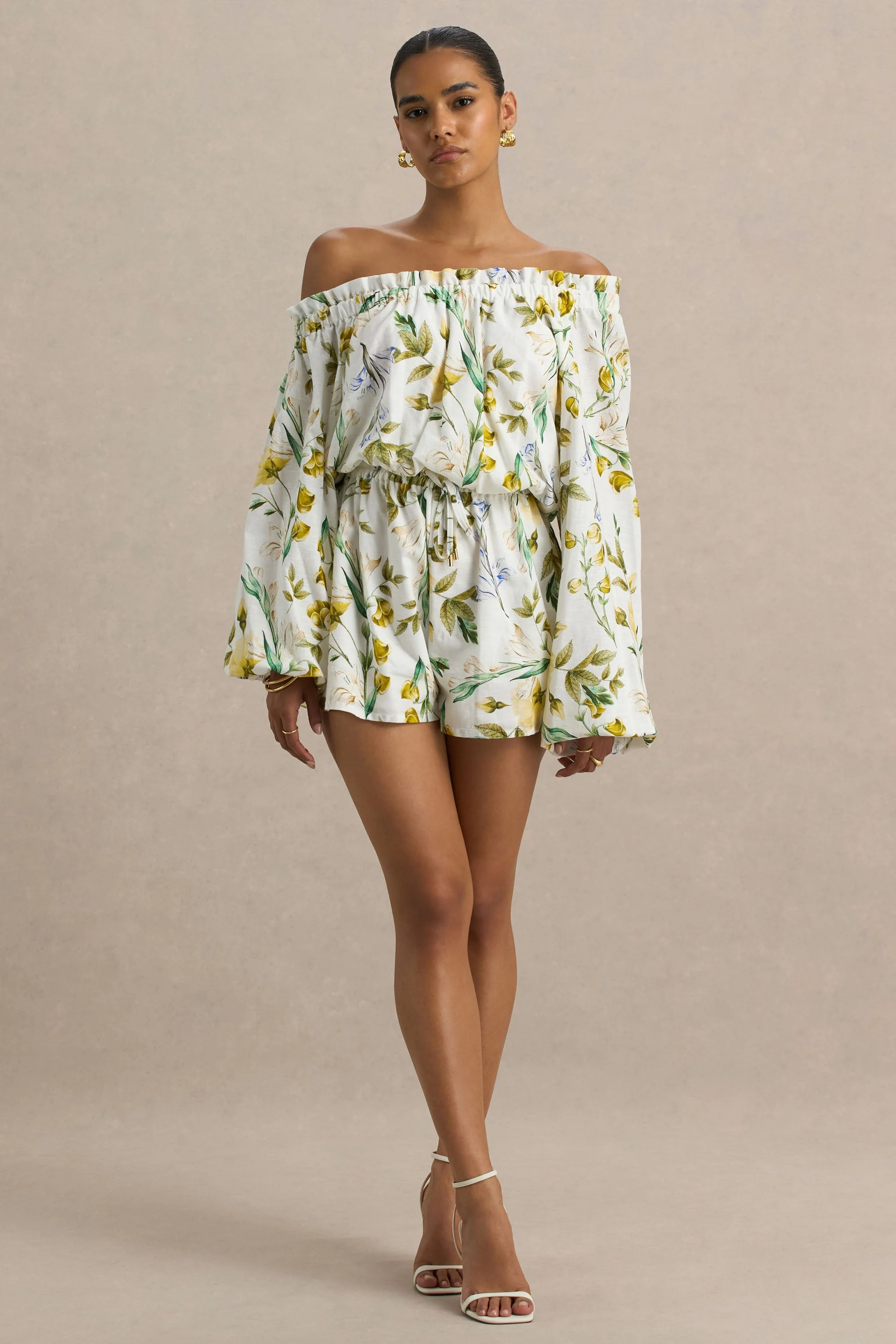 Waterfall | White Botanical Print Linen Asymmetric Long-Sleeve Playsuit