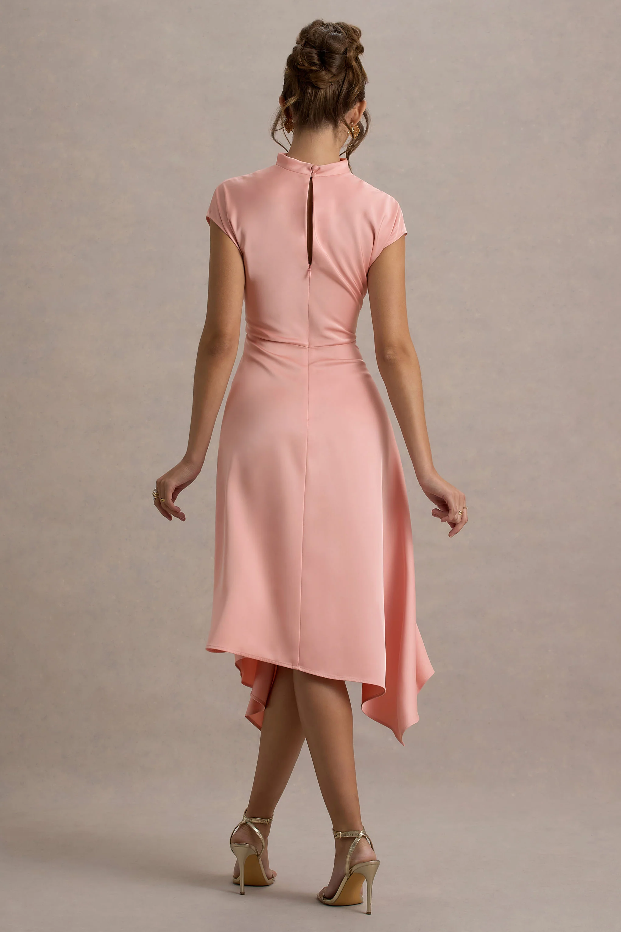 Velma | Light Pink Satin Midi Dress With Draped Hem