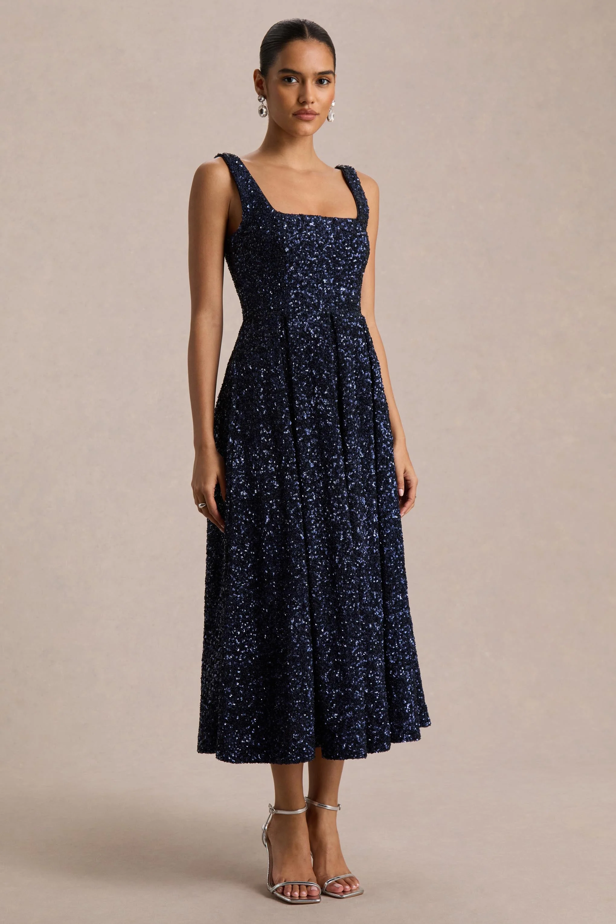 Lima | Navy Sequin Square-Neck A-Line Midi Dress