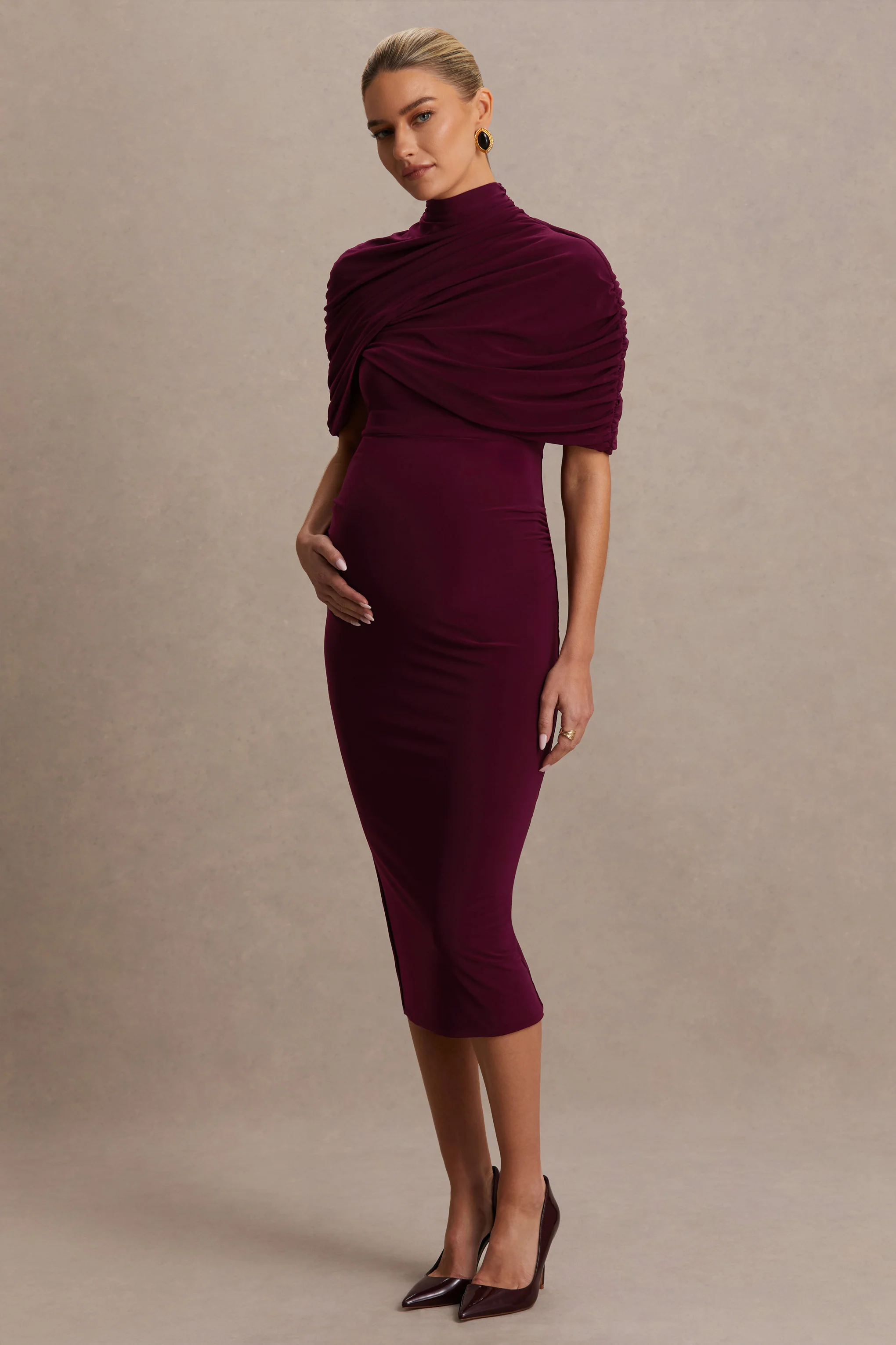 Augustina | Burgundy Maternity Midi Dress With Cape
