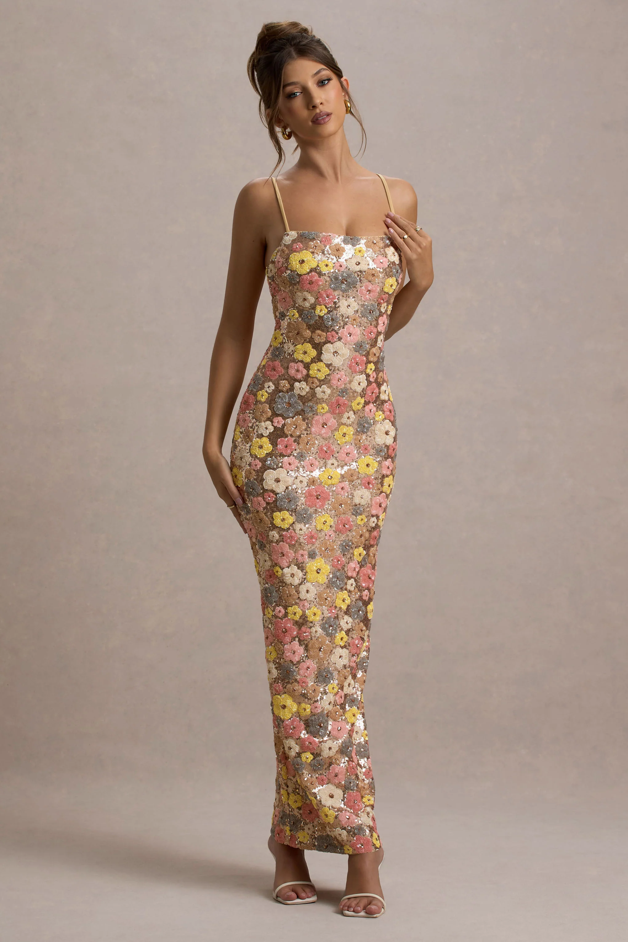 Vitora | Pastel Floral Print Sequin Square-Neck Maxi Dress