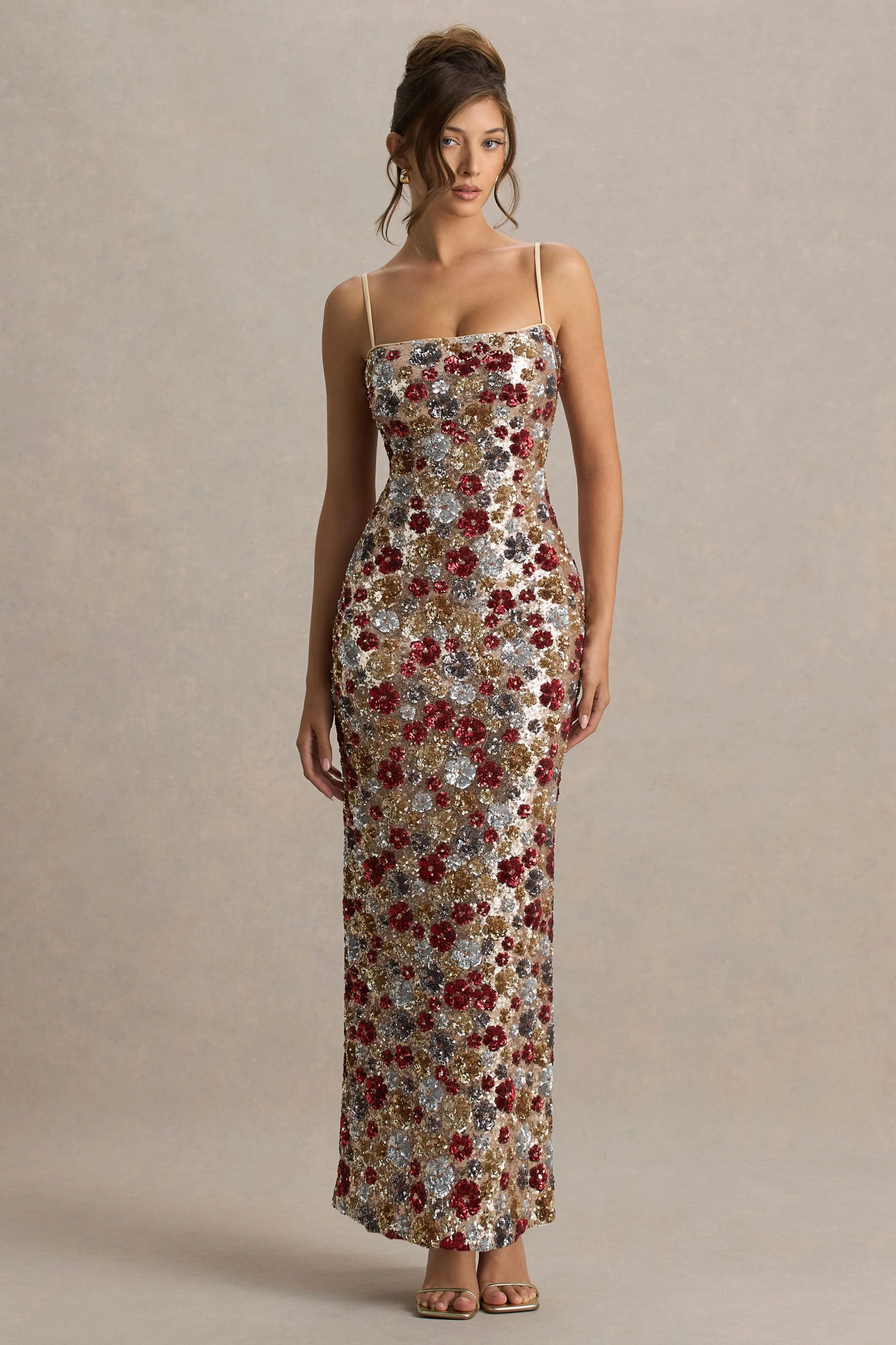 Vitora | Red Floral Sequin Square-Neck Maxi Dress