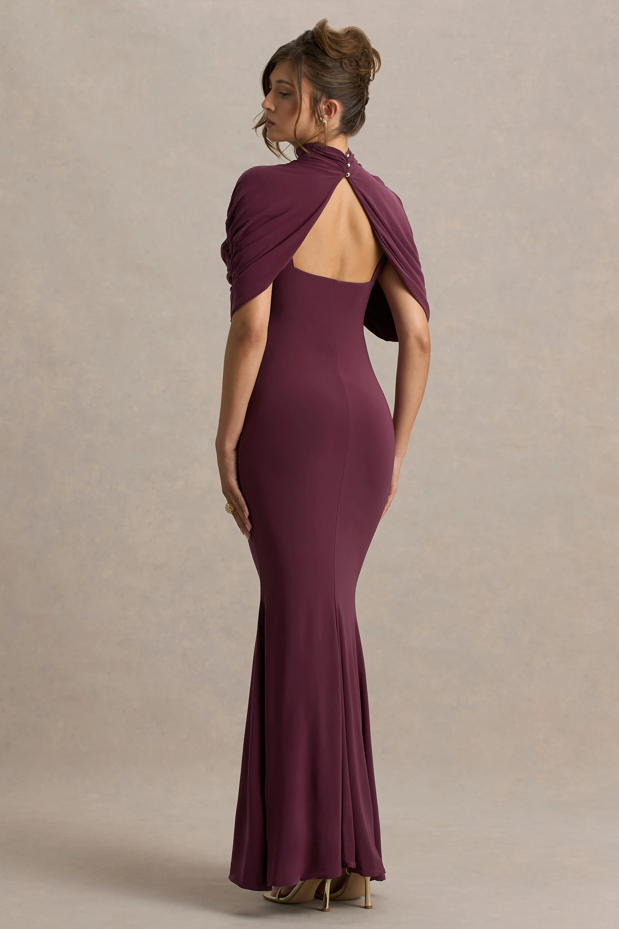 Cleora | Burgundy Twist Cape Maxi Dress