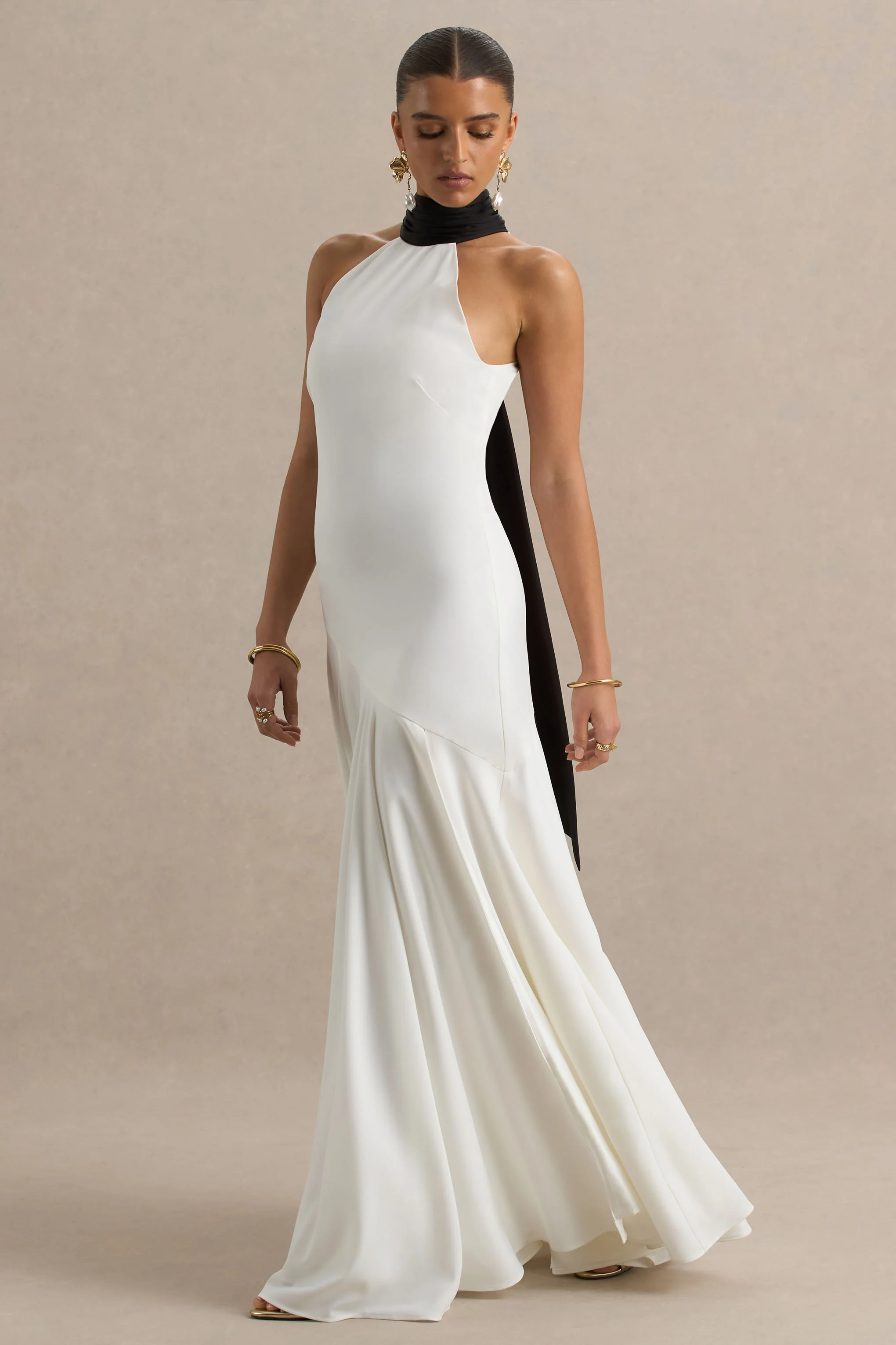 Luscious | White And Black High-Neck Maxi Dress With Drop-Waist And Bow Detail