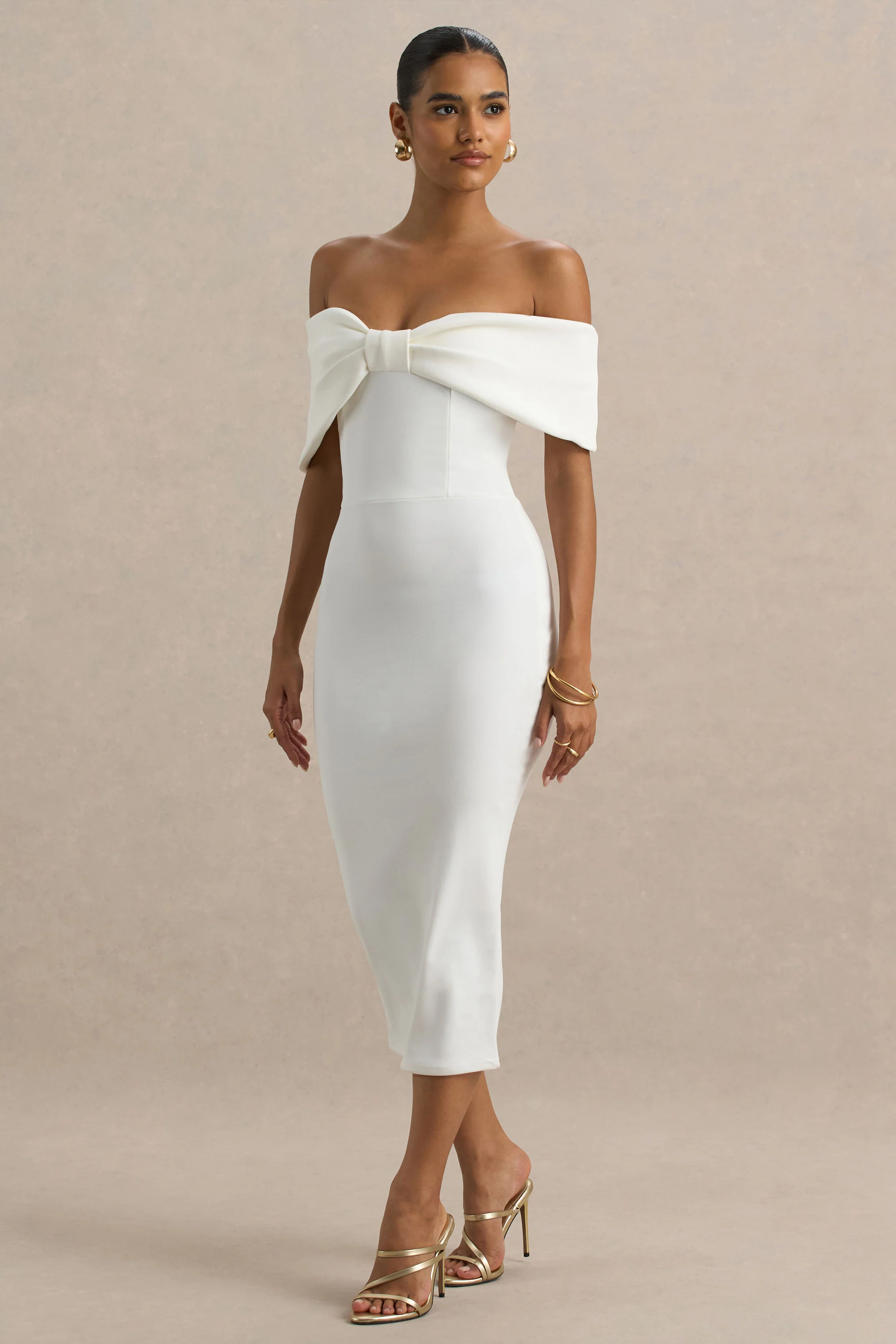 Bayshore | White Bow Bardot Midi Dress