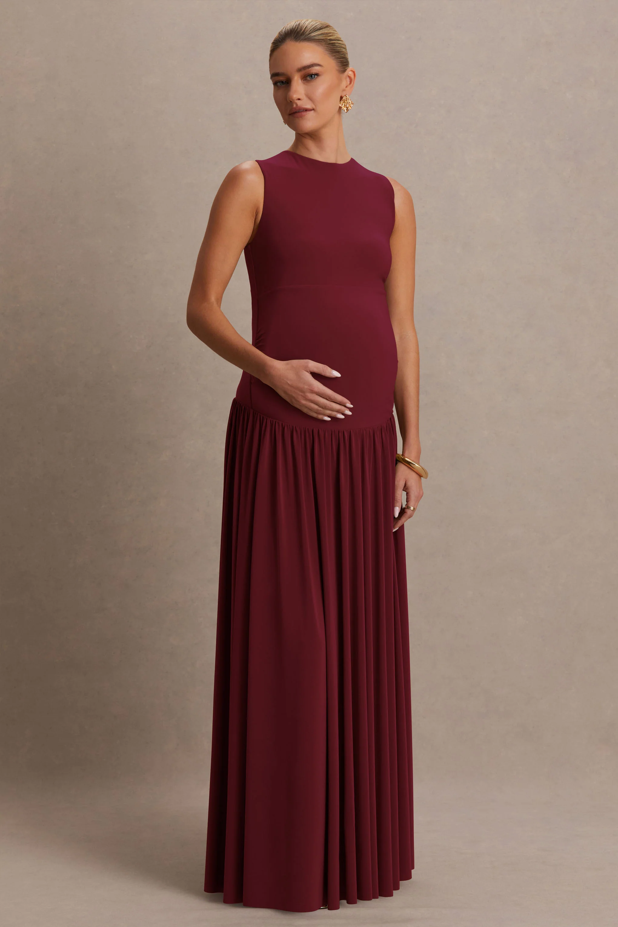 Outline | Burgundy High-Neck Maternity Maxi Dress With Draped Skirt