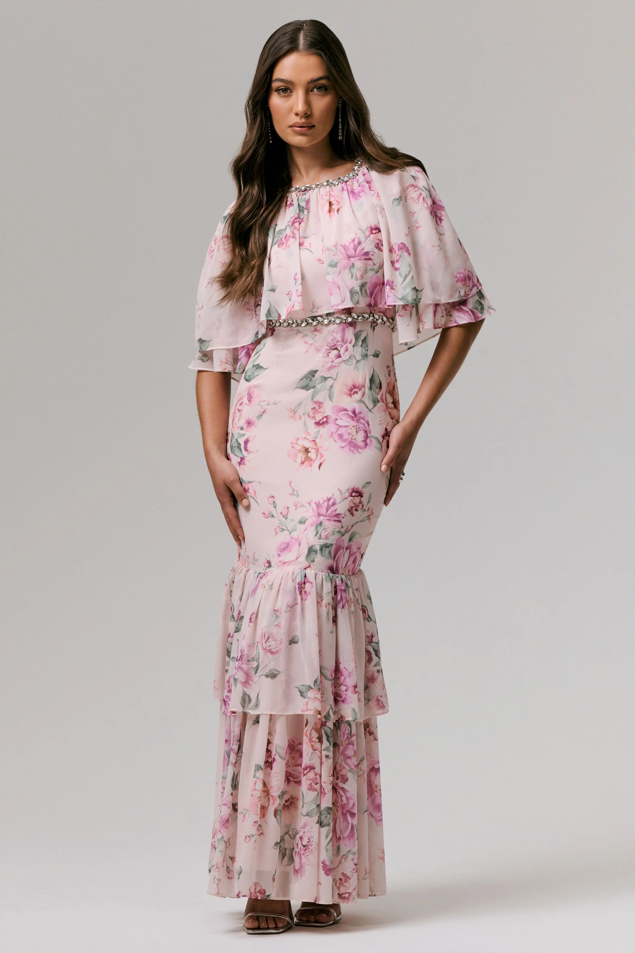 Never Let Go | Pink Floral Print Chiffon Maxi Dress With Tiered Hem