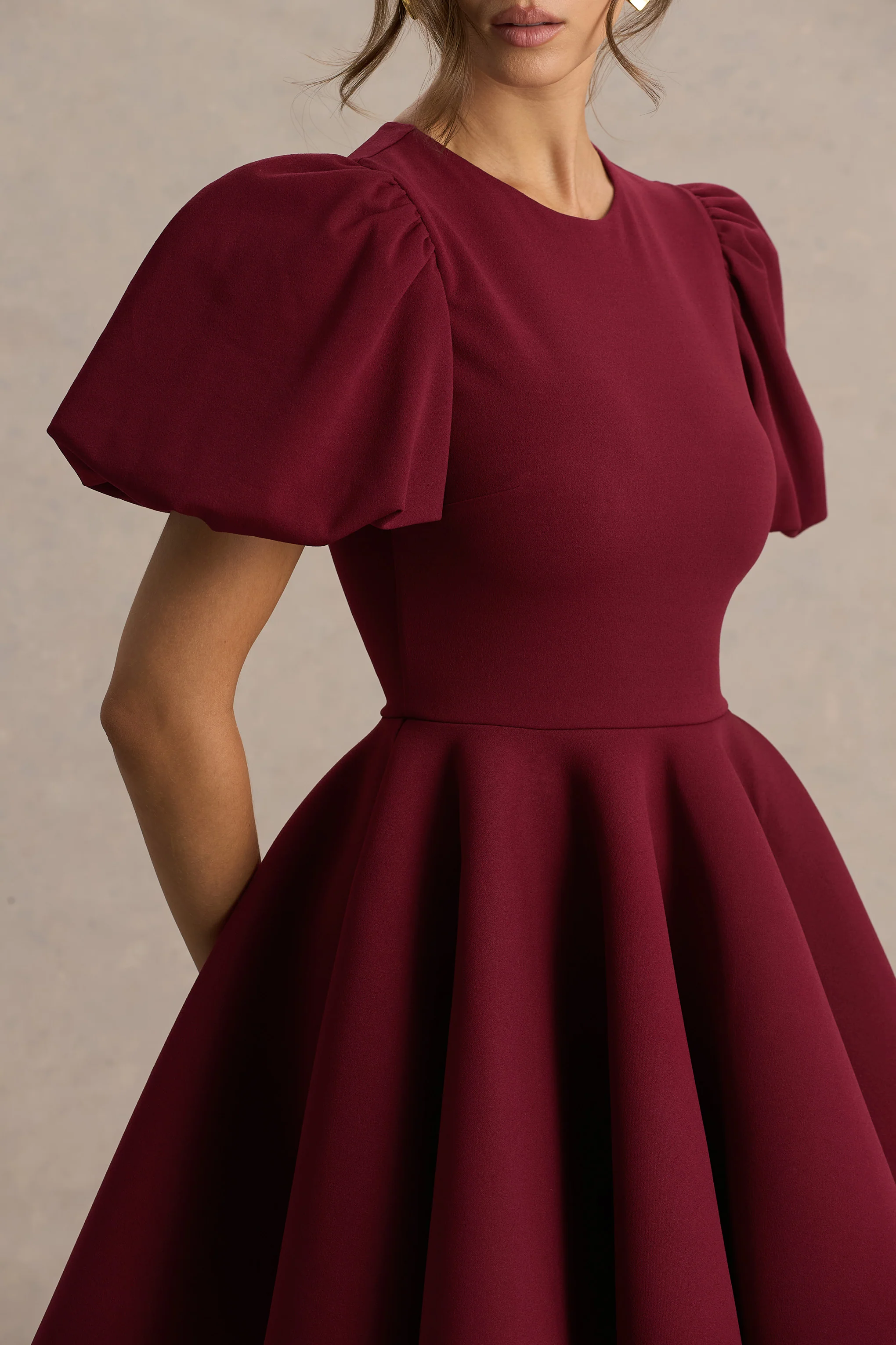 Emelia | Burgundy Puff-Sleeve Skater Mini Dress