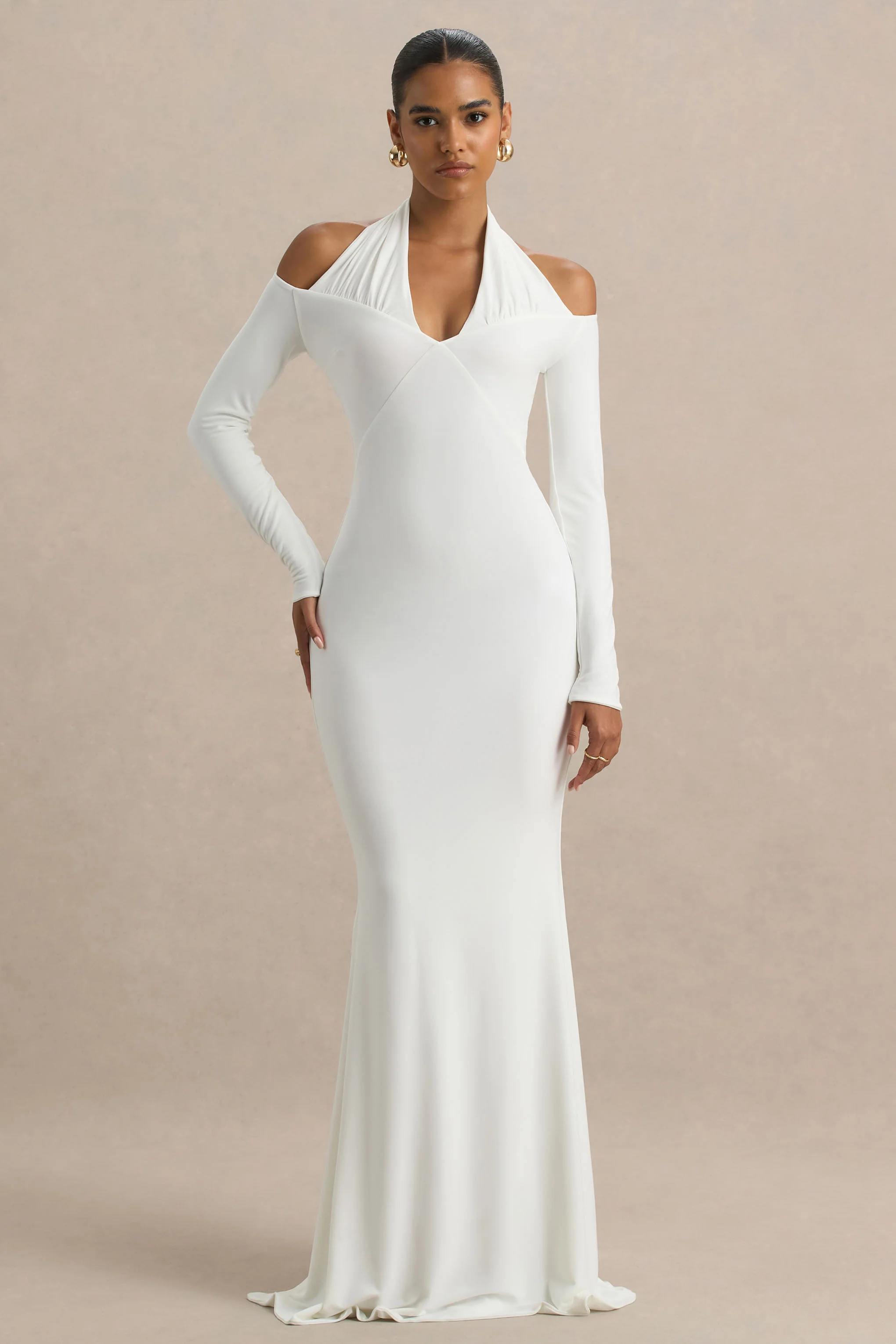 Living High | White Halter-Neck Maxi Dress With Long Sleeves