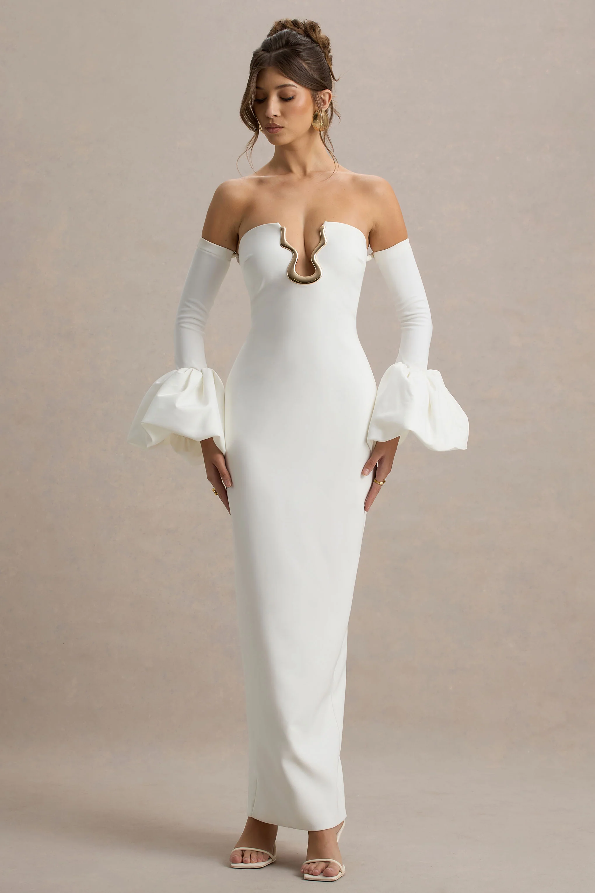 Annalisa | Cream Bandeau Maxi Dress With Satin Cuffs