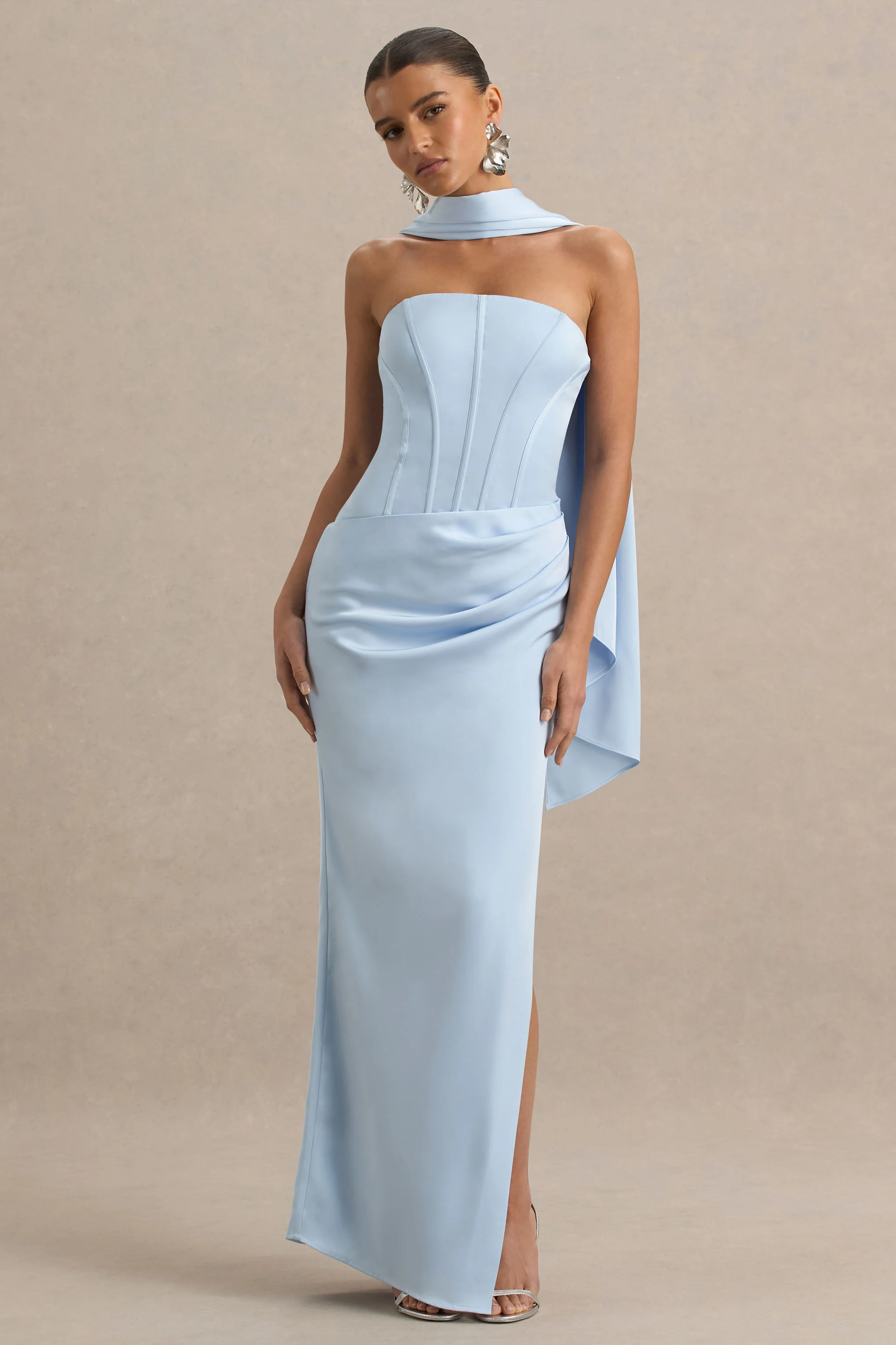 Joseline | Powder Blue Satin Corset Wrap Maxi Dress With Scarf